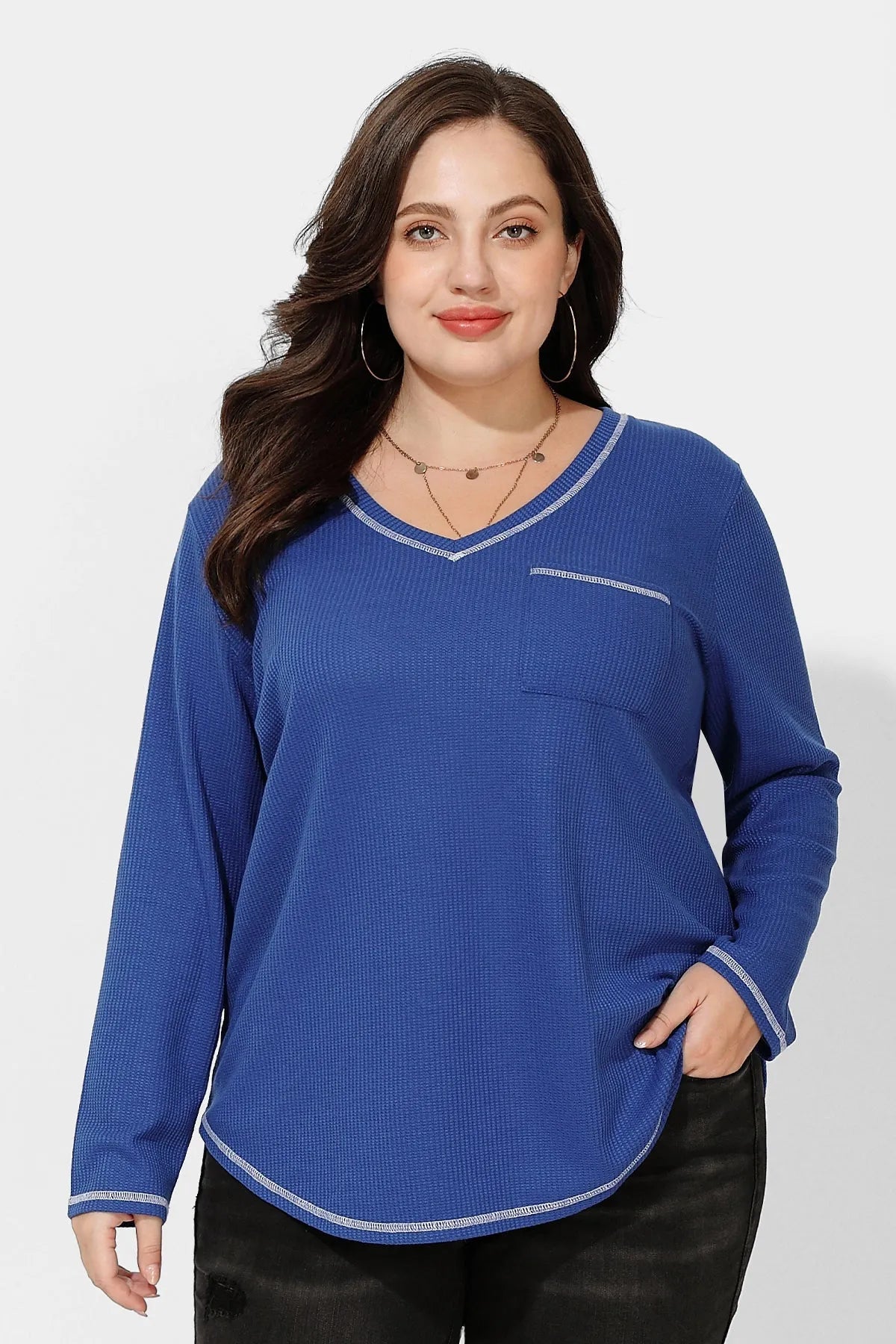 Texture Knitted V Neck Pocket Long Sleeve T-Shirt