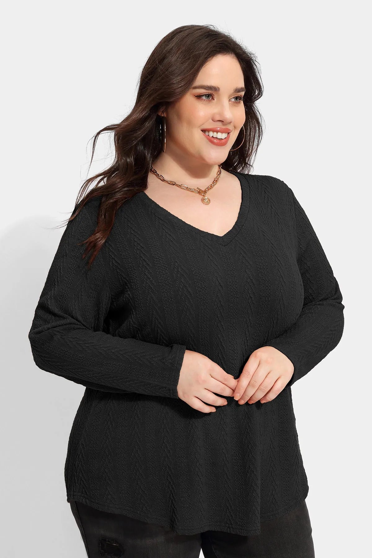 Essential V-neck Texture Long Sleeve T-Shirt