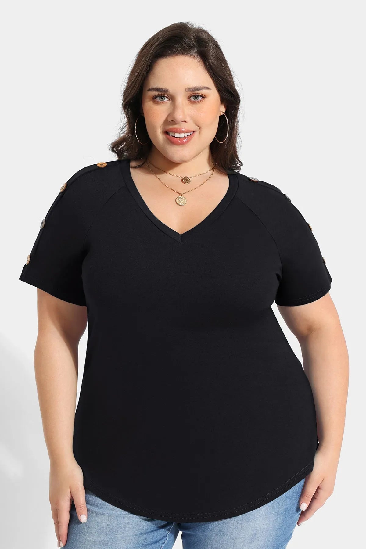 Ritera Plain V-neck Button Detail Short Sleeve T-Shirt