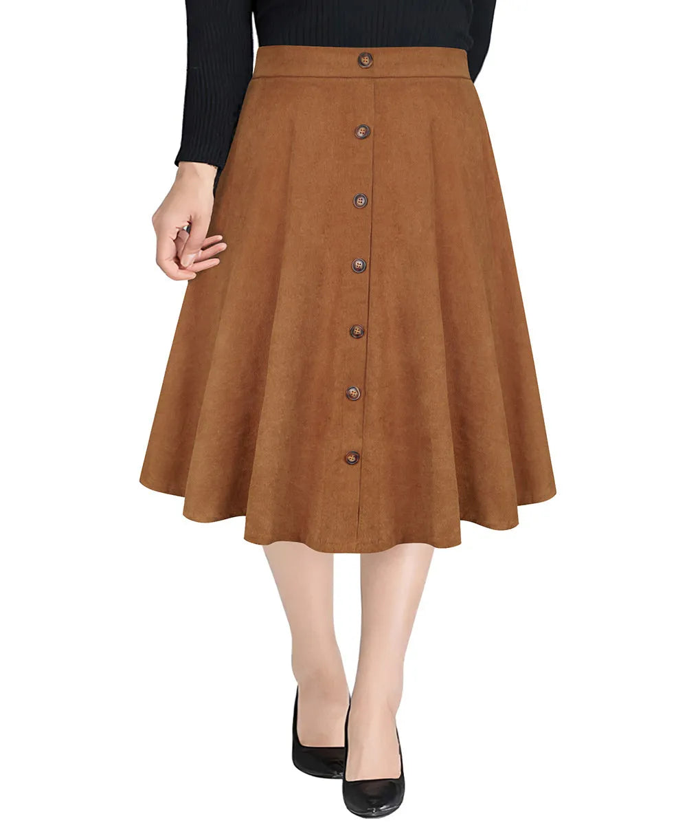 Solid Button Detail Zipper Rise Waist Midi Skirt