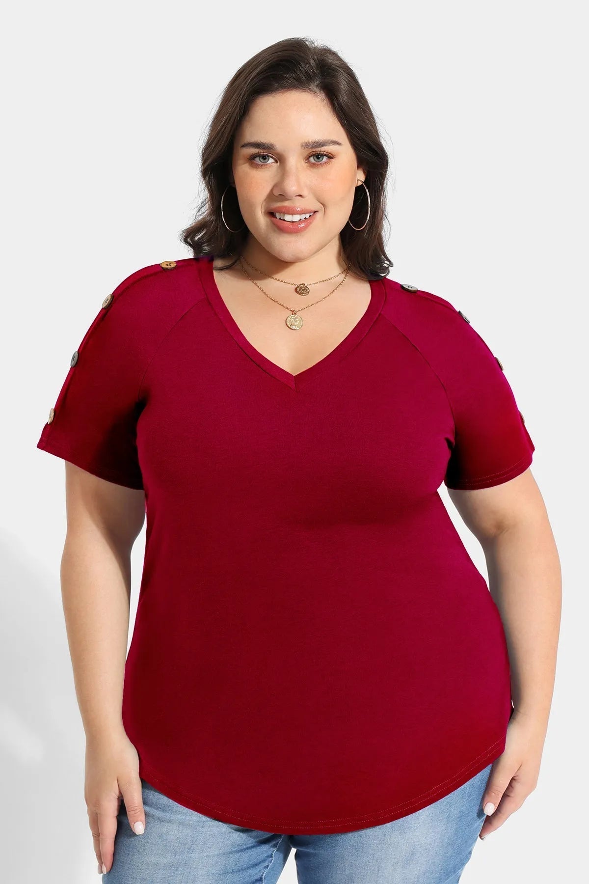 Ritera Plain V-neck Button Detail Short Sleeve T-Shirt