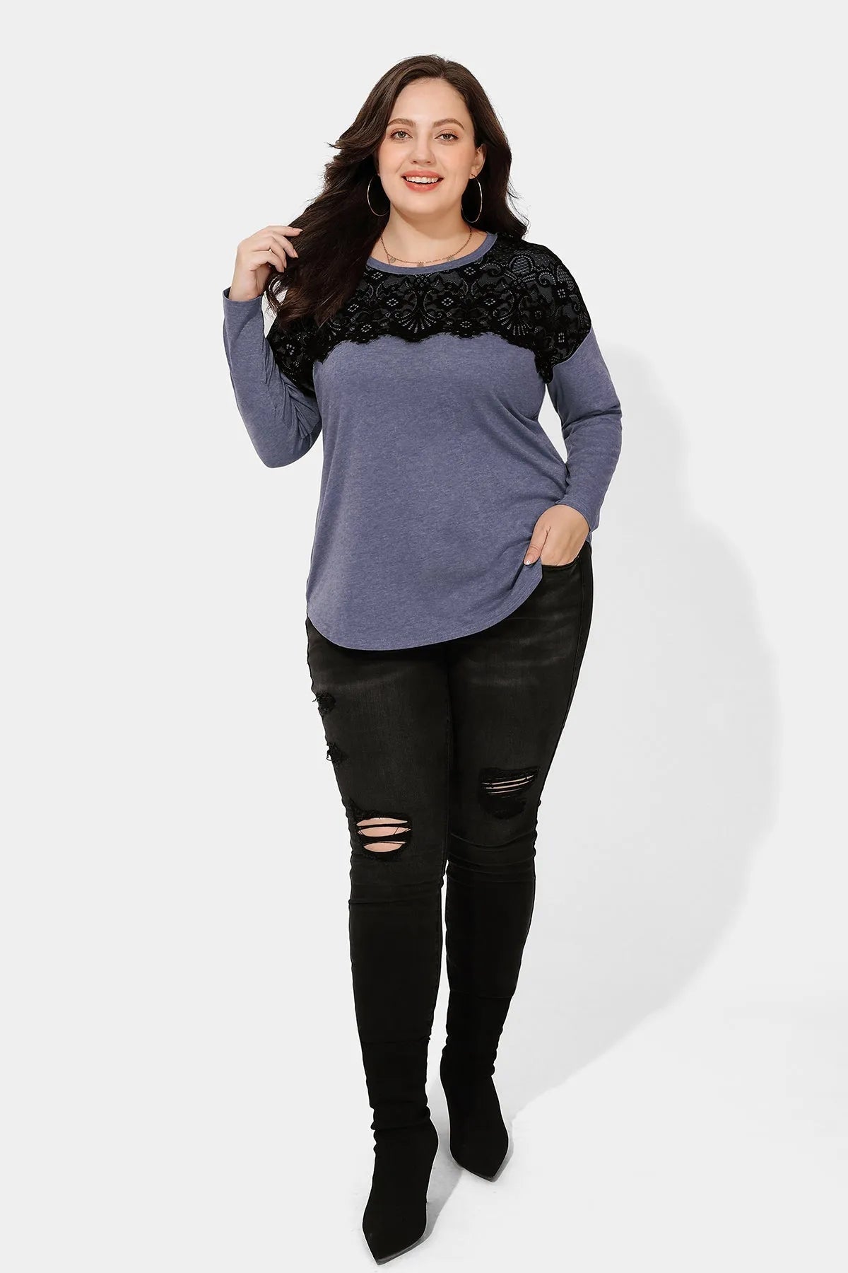 Black Lace Shoulder Crewneck Long Sleeve Shirt