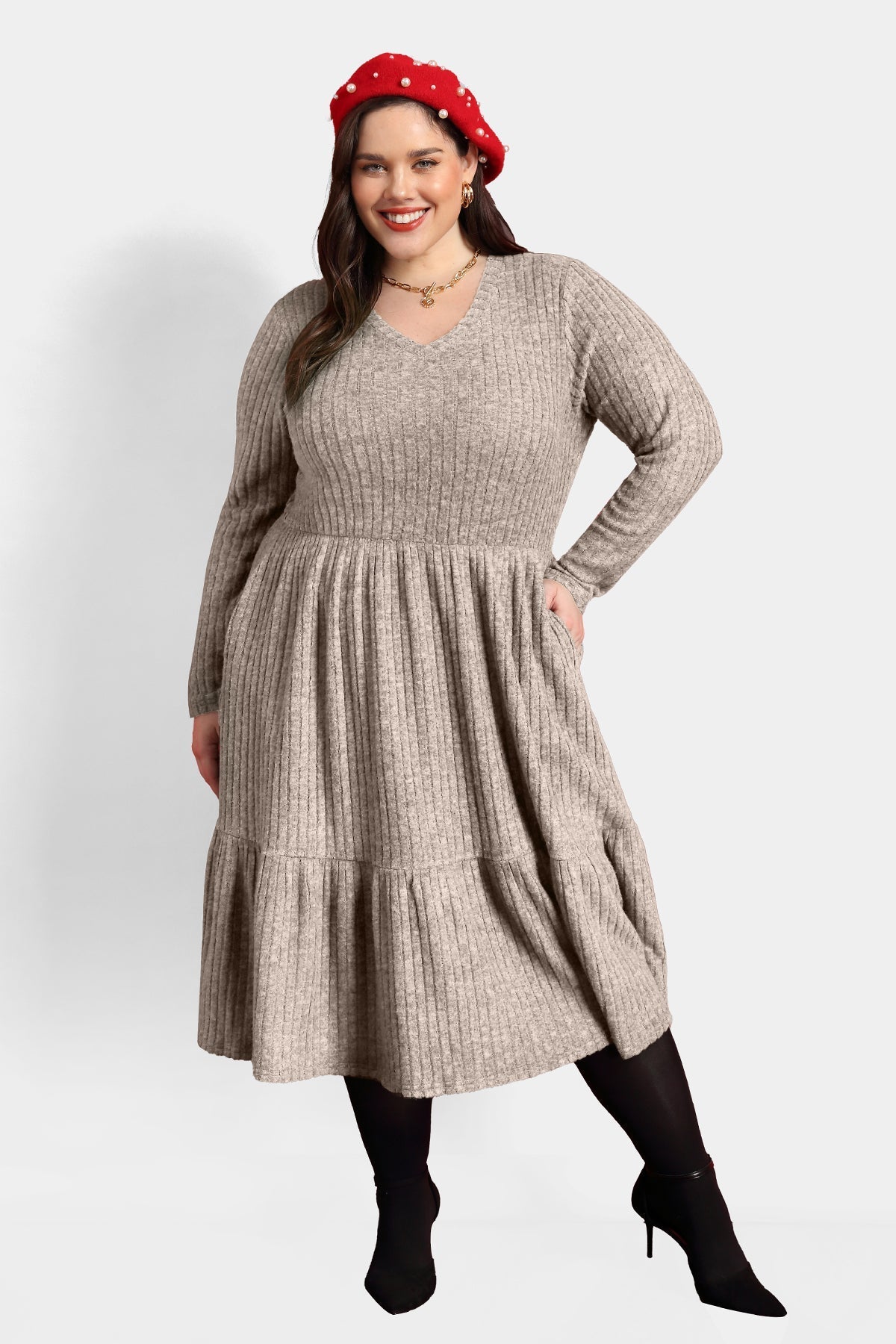 Ritera Solid Rib Knit Ruffle Hem Pleated Midi Dress With Pockets