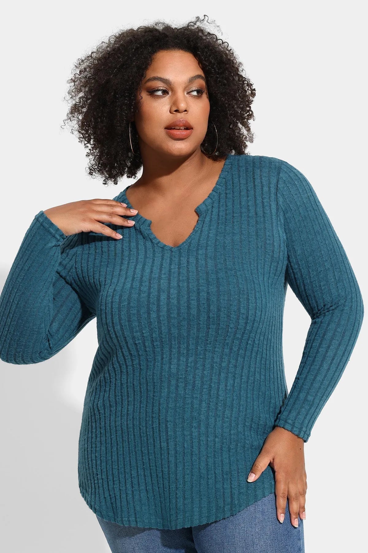 Ritera Texture Velvet Notched Neckline Basic Long Sleeve T-Shirt