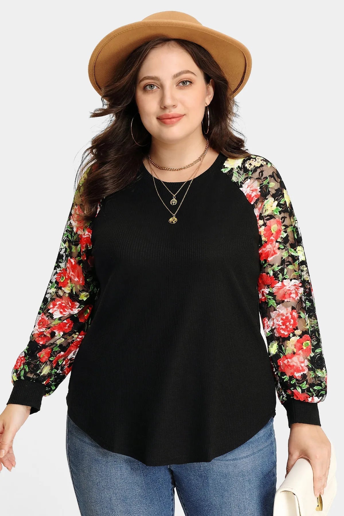 Ritera Raglan Stylish Lace Floral Long Sleeve T-Shirt