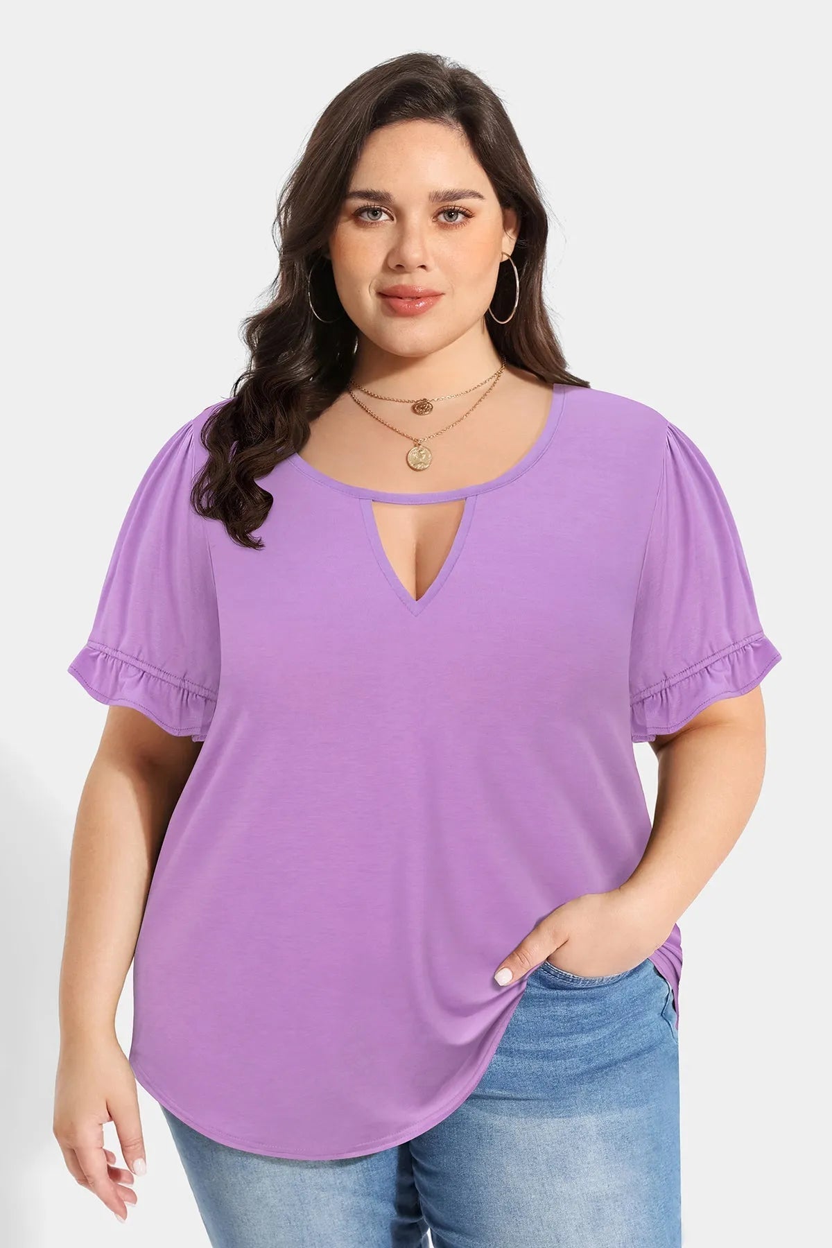 Essential Solid Keyhole Crewneck Puff Sleeves T-Shirt