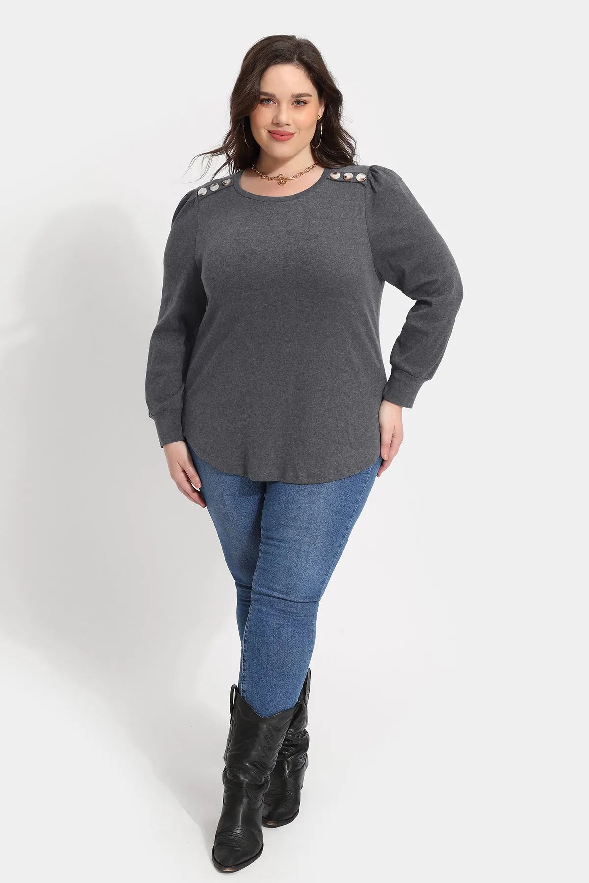 Solid Button Shoulder Detail Crewneck T-Shirt