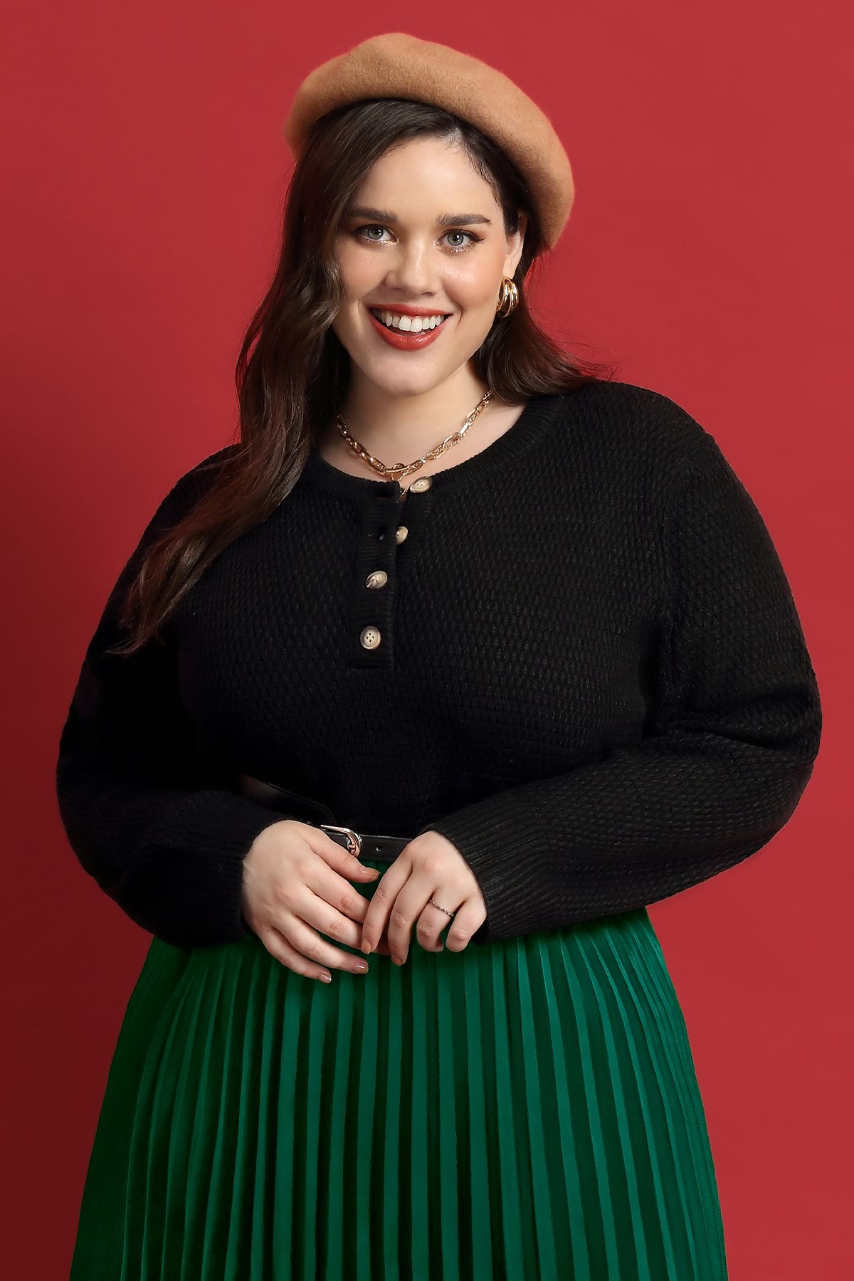 Solid Button Up Crewneck Cashmere Knitted Sweater