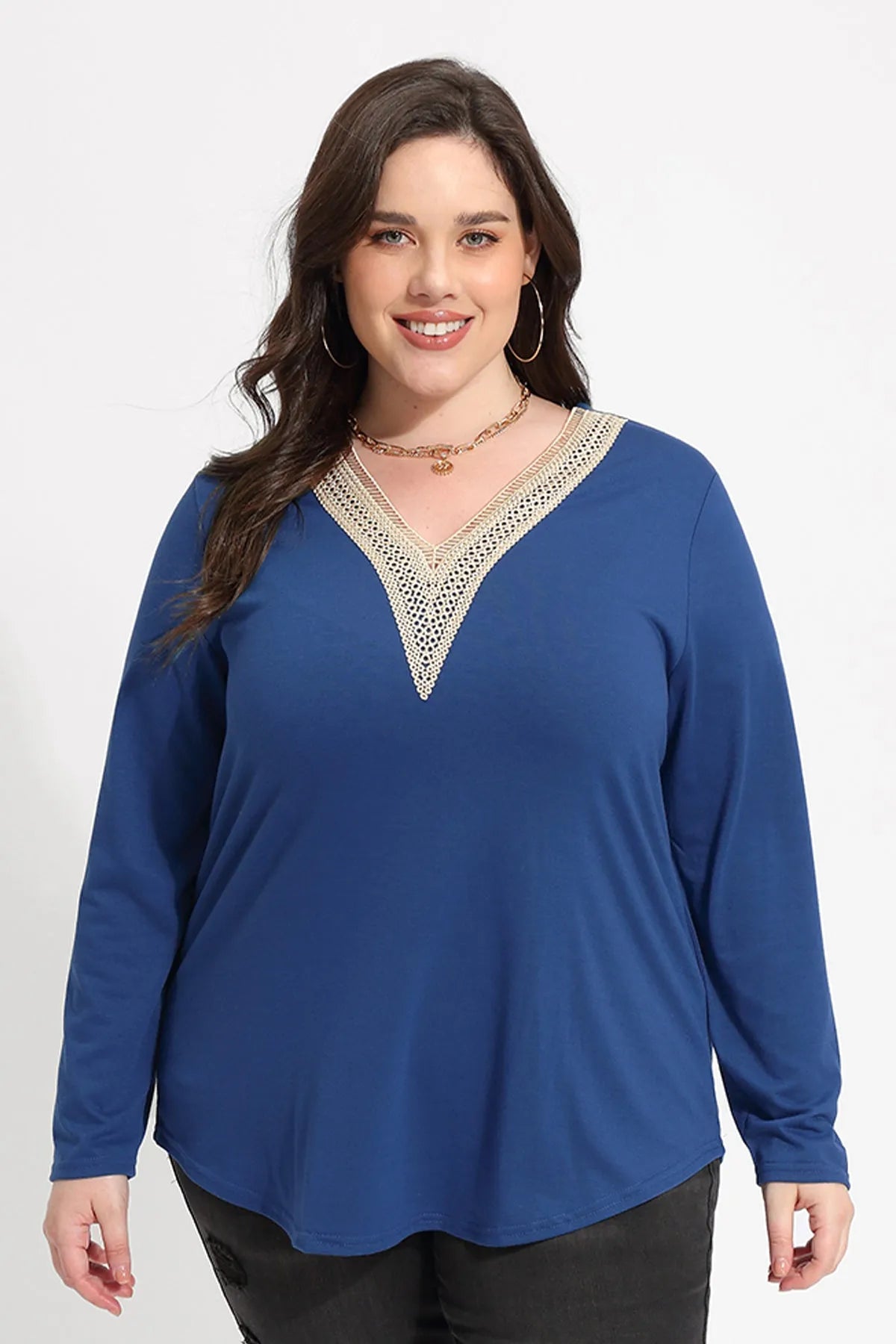 Solid Sexy Lace V-neck Long Sleeve T-Shirt