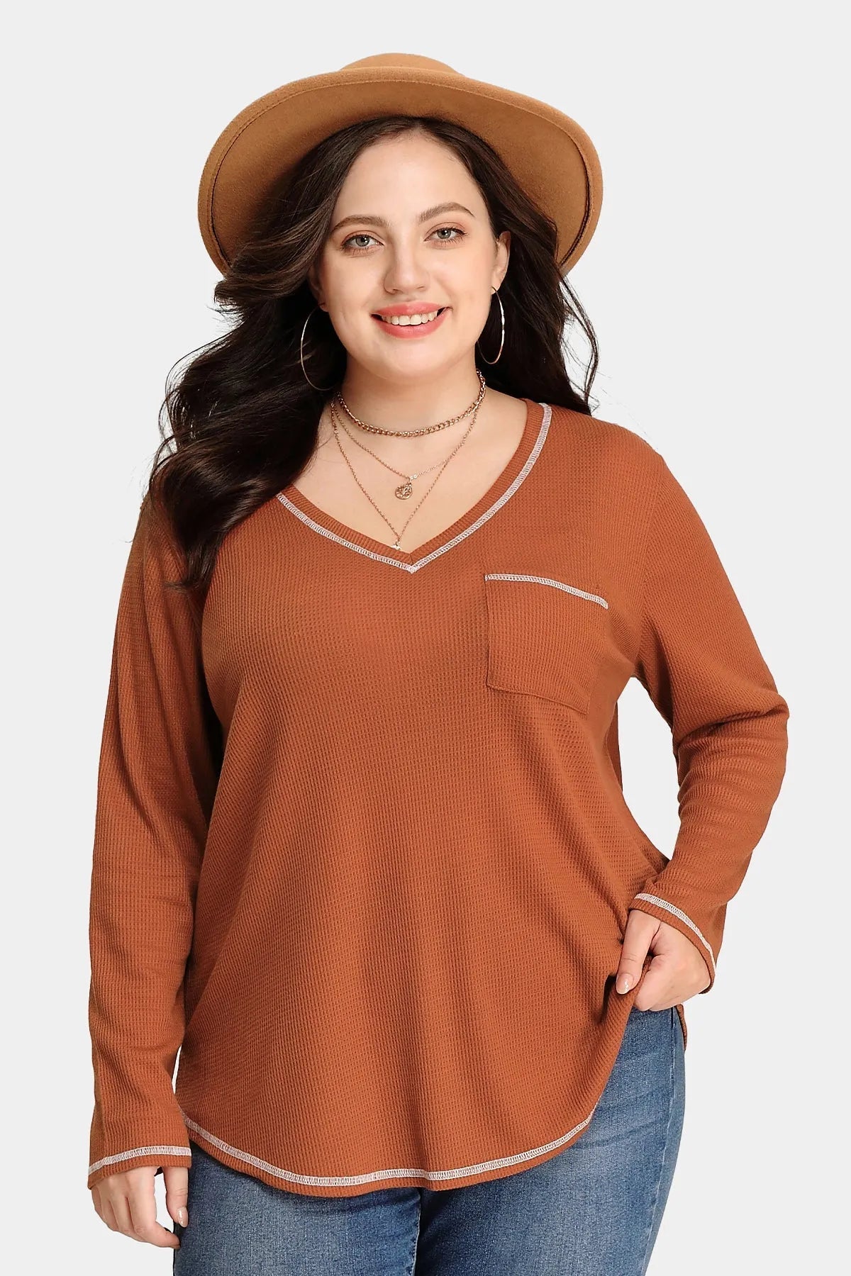 Texture Knitted V Neck Pocket Long Sleeve T-Shirt