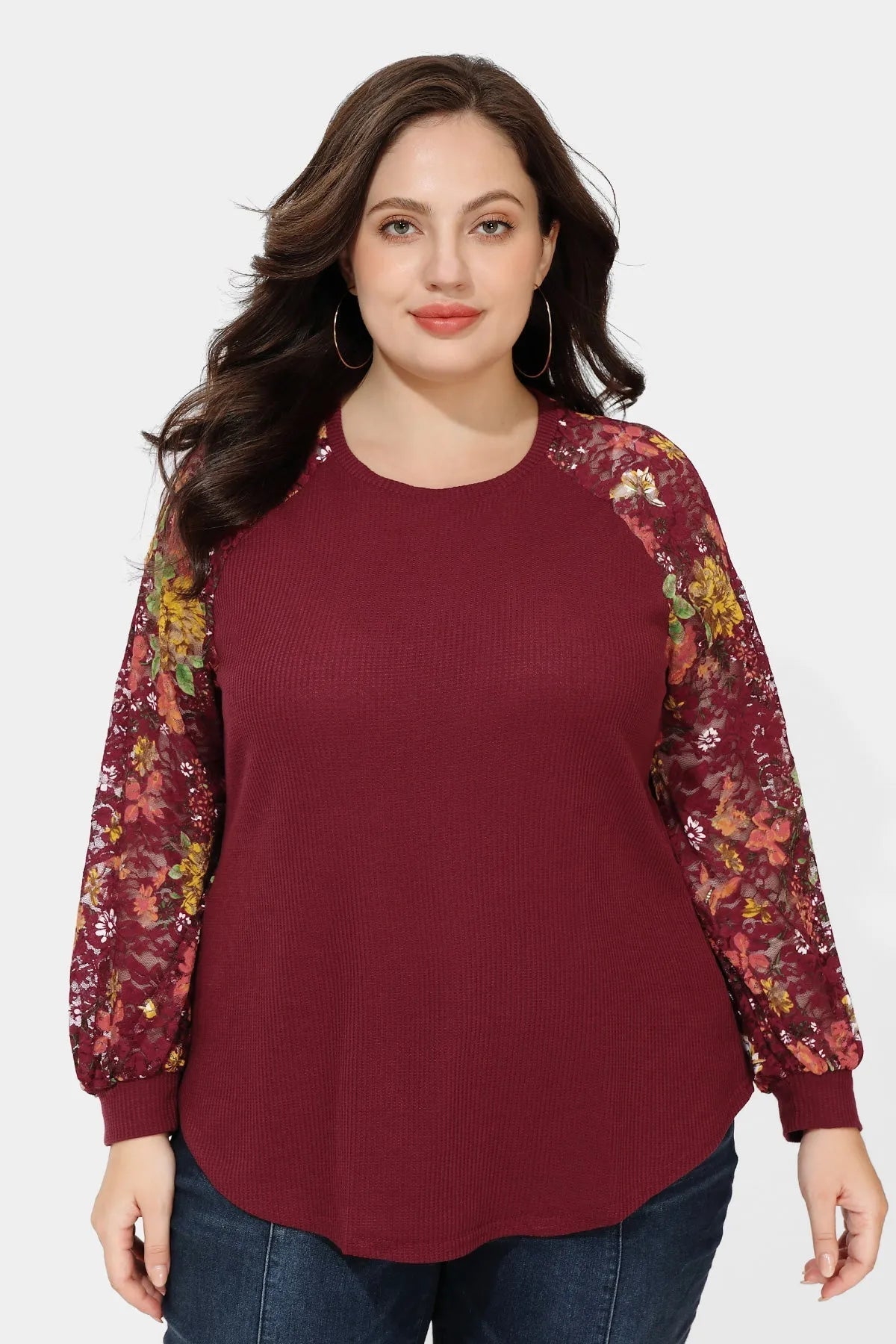 Ritera Raglan Stylish Lace Floral Long Sleeve T-Shirt