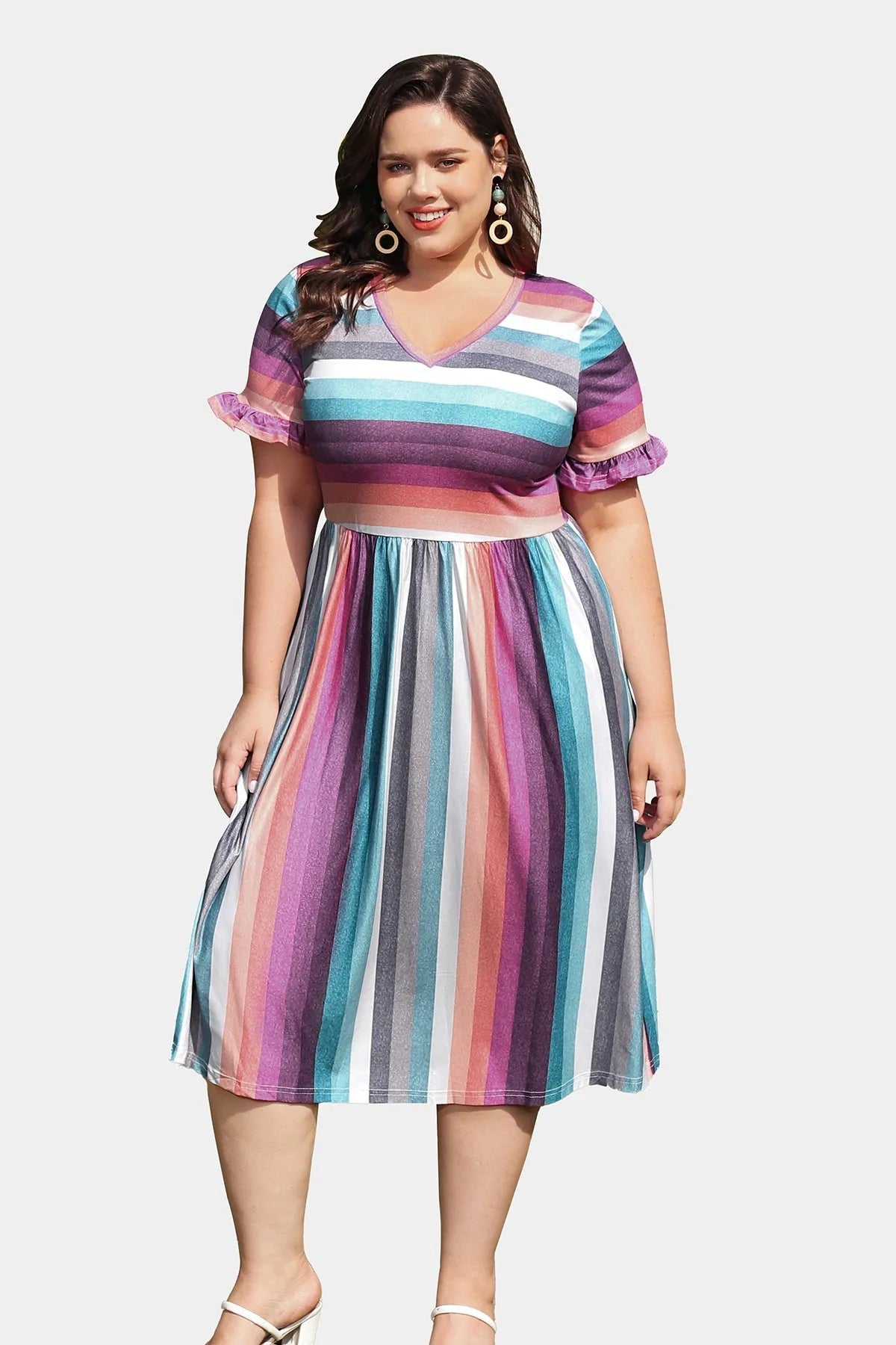 Pockets Rainbow Stripe Midi Dress