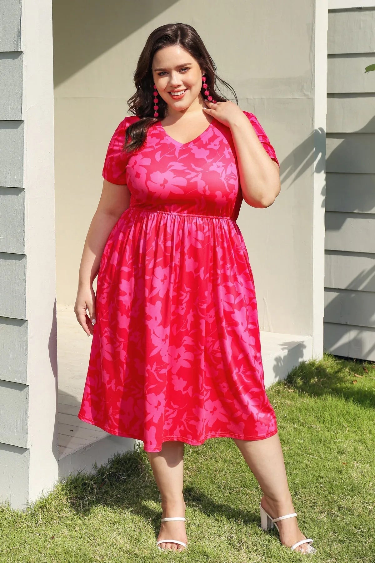 Pockets Floral Print Elastic Waist A-line Midi Dress