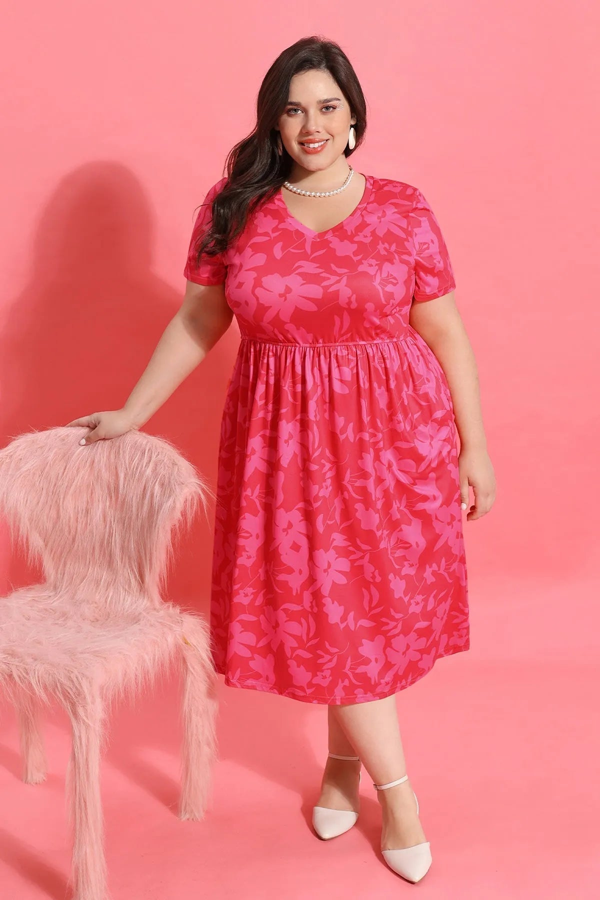 Pockets Floral Print Elastic Waist A-line Midi Dress