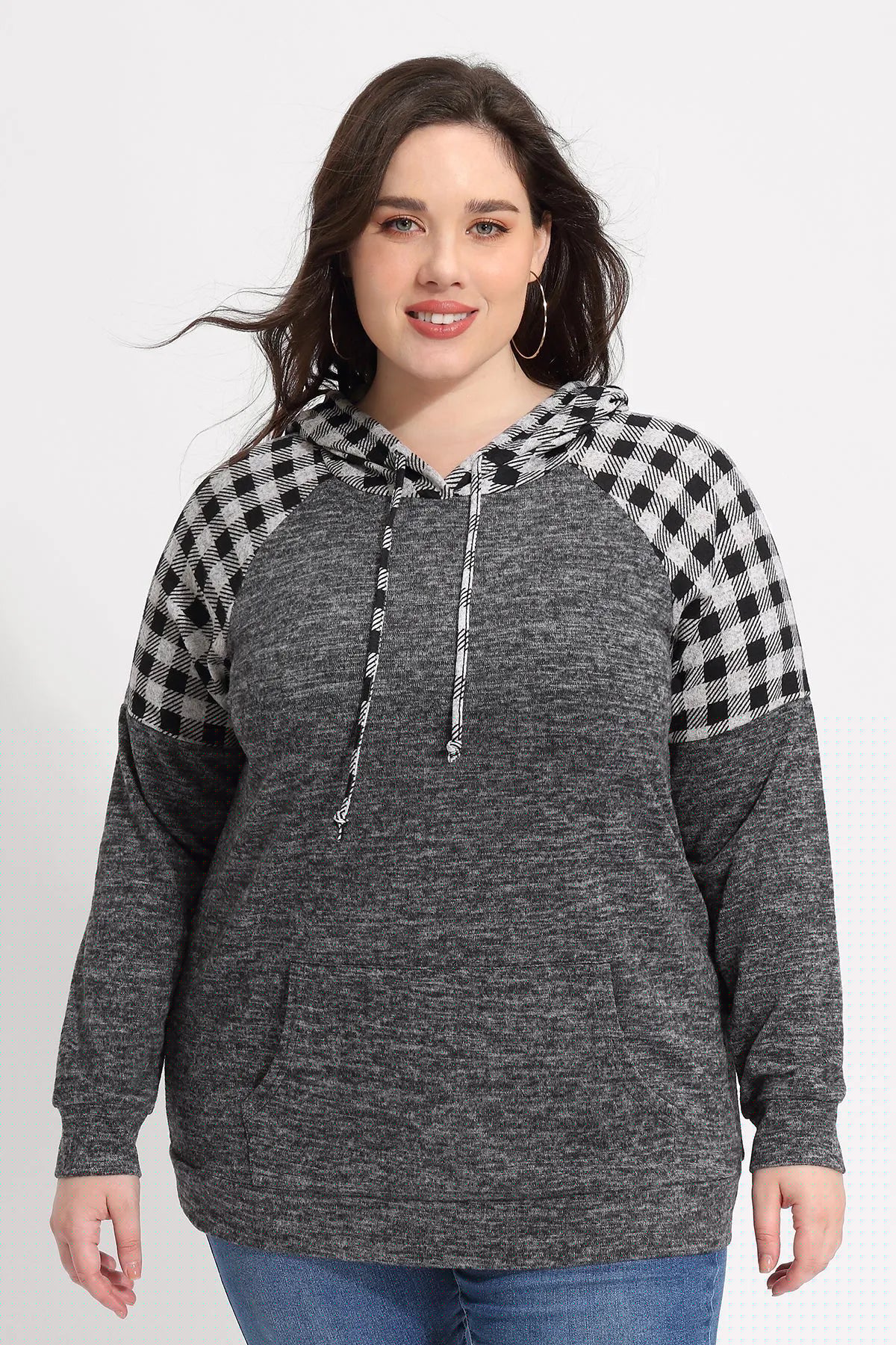 Raglan Plaid Drawstring French Velvet Hoodie