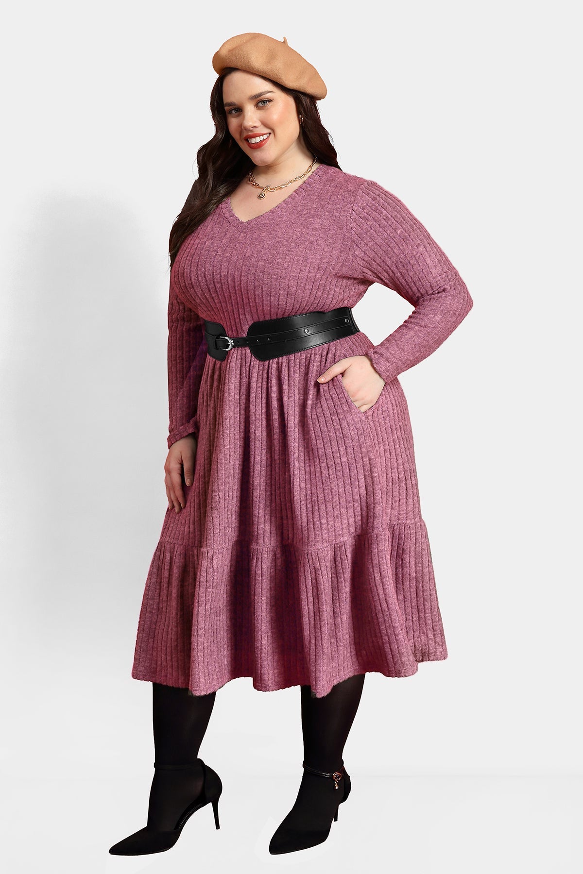 Pockets Rib Knit Elastic Midi Dress