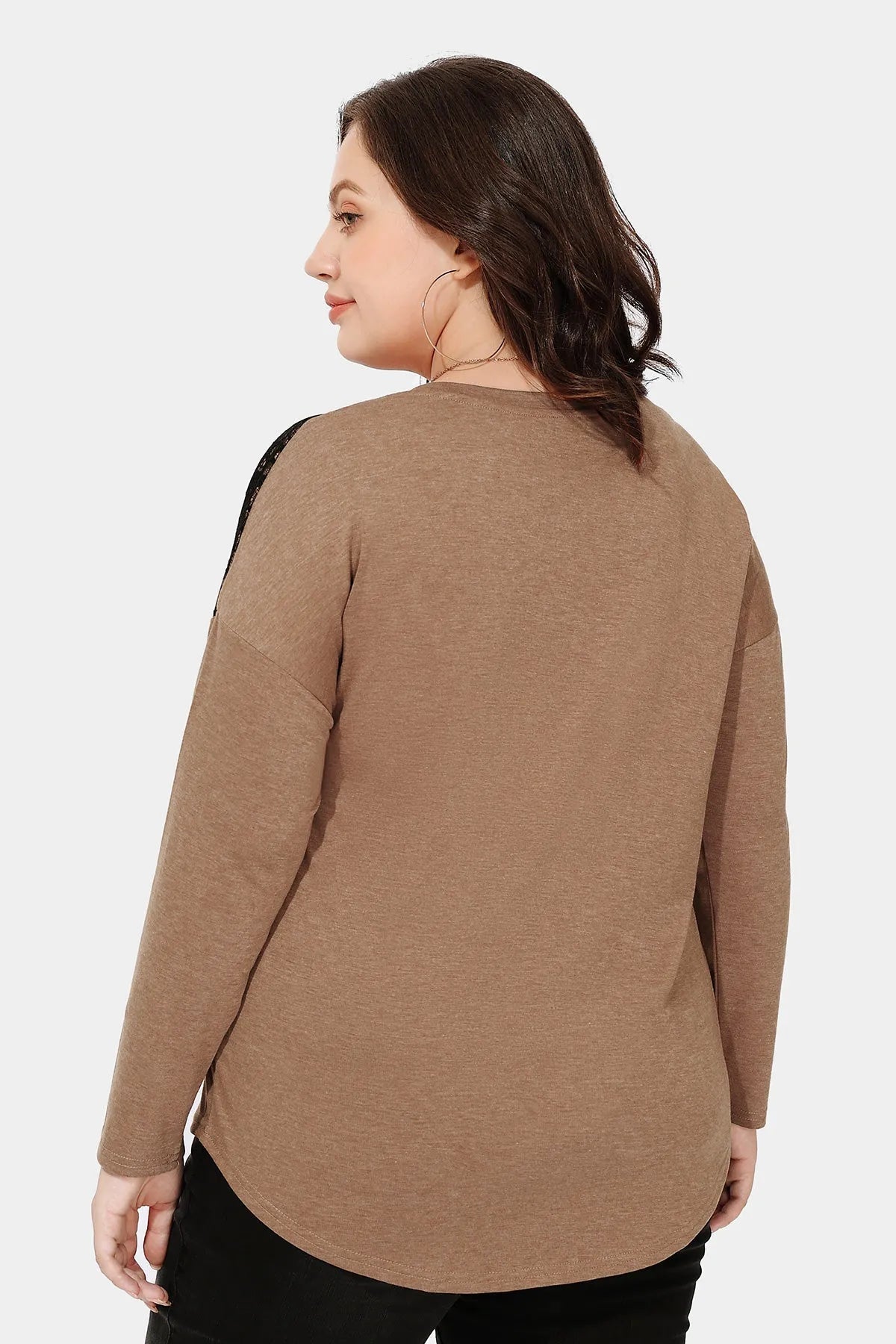 Black Lace Shoulder Crewneck Long Sleeve Shirt