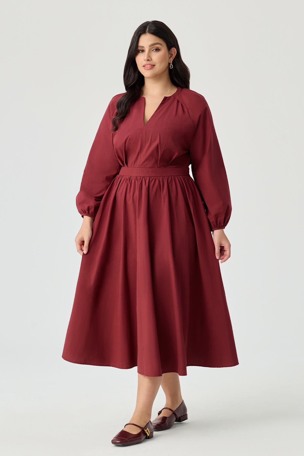 Ritera Pockets V-Neck Pleated Midi Dress with Back Tie