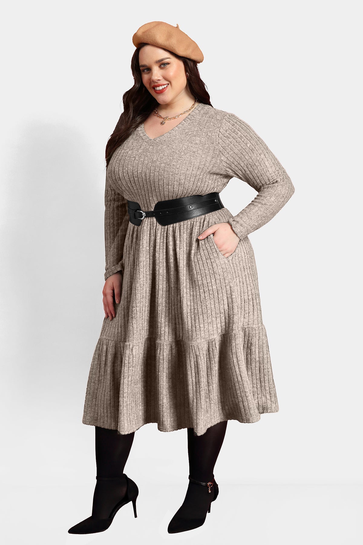 Pockets Rib Knit Elastic Midi Dress