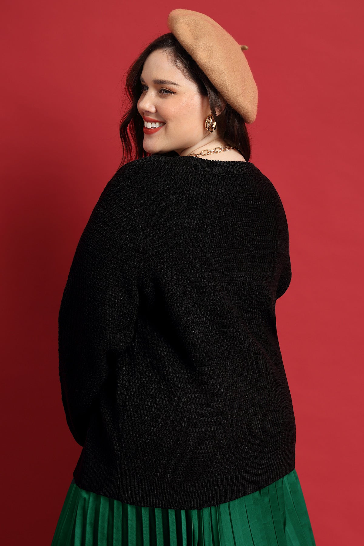 Solid Button Up Crewneck Cashmere Knitted Sweater