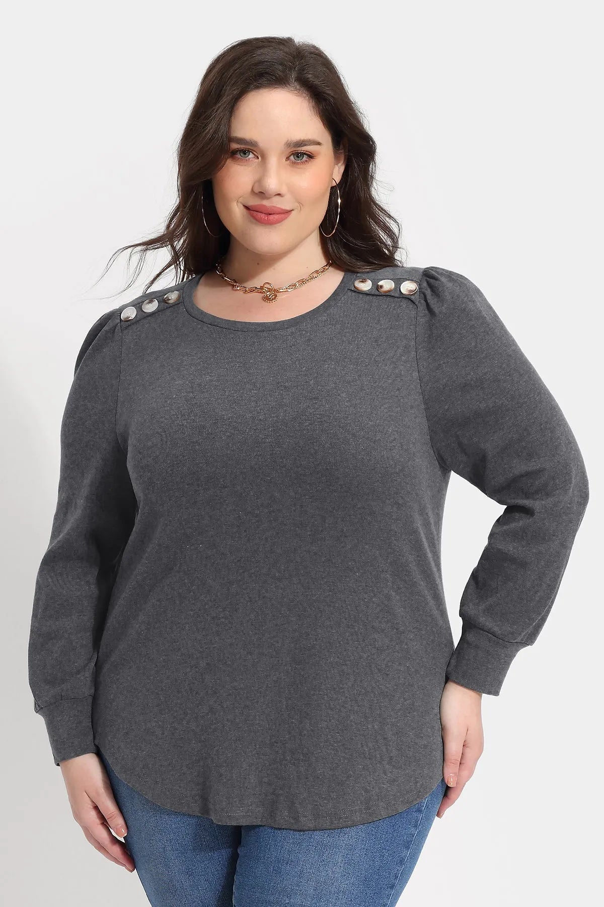 Solid Button Shoulder Detail Crewneck T-Shirt