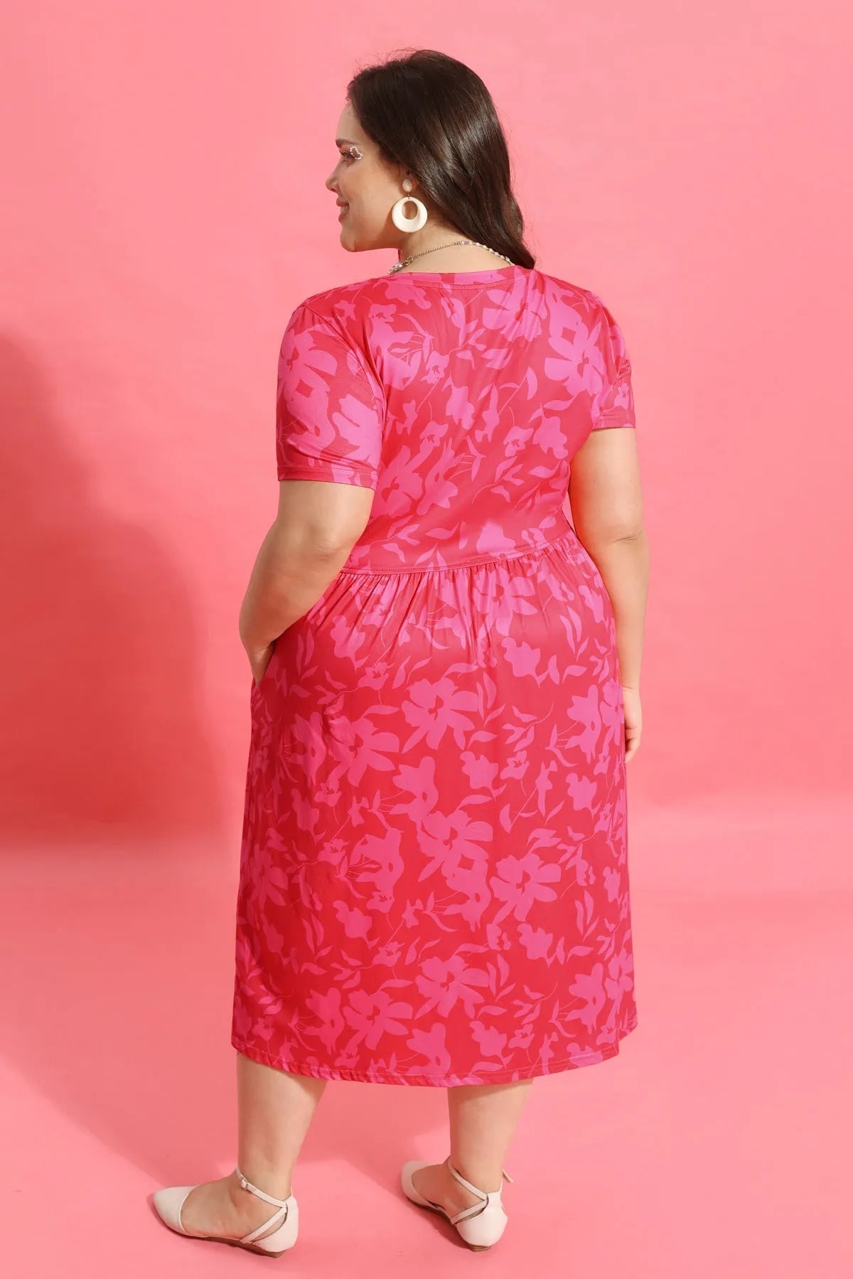 Pockets Floral Print Elastic Waist A-line Midi Dress