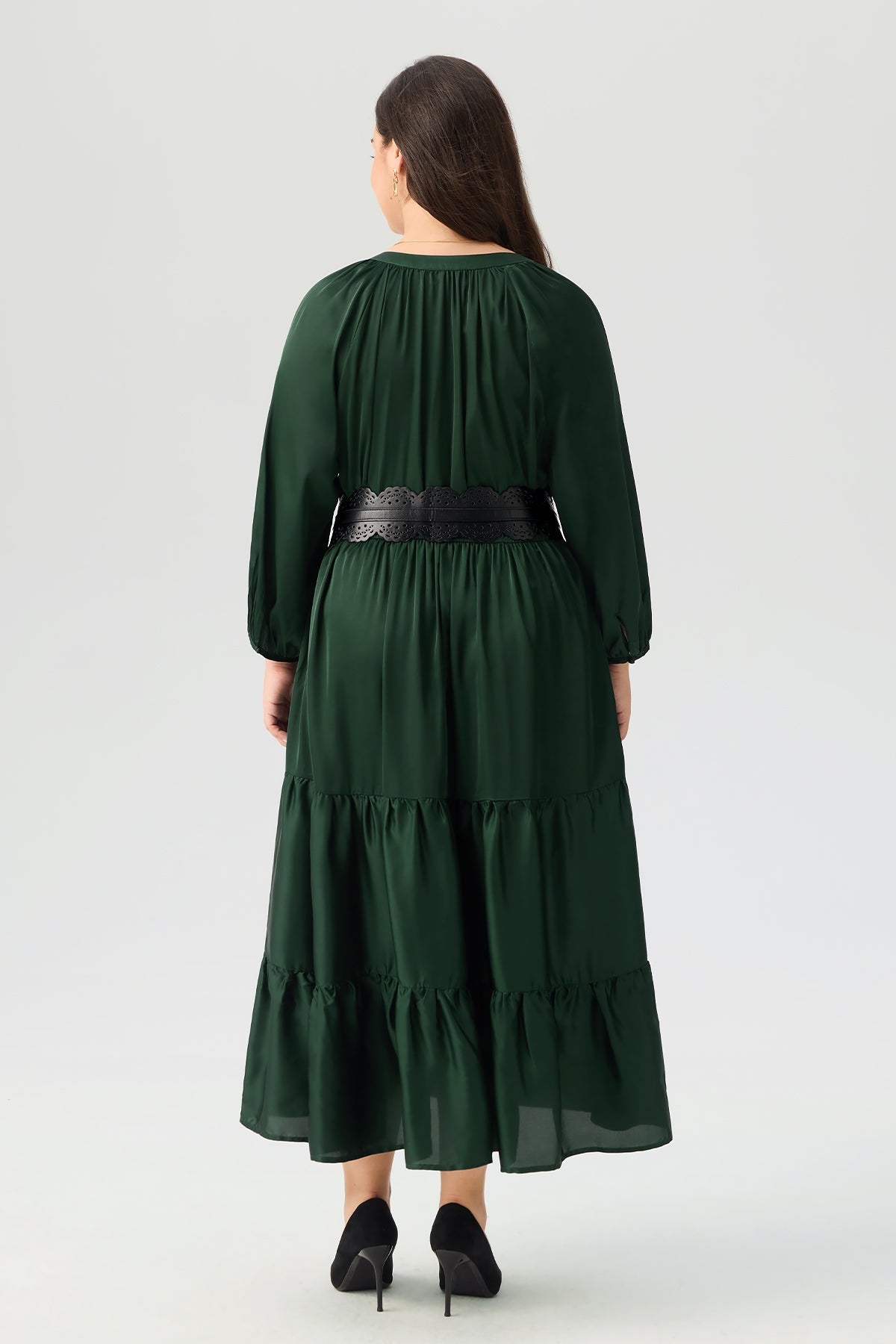 Satin Notch Neck Pocket Tiered Maxi Dress