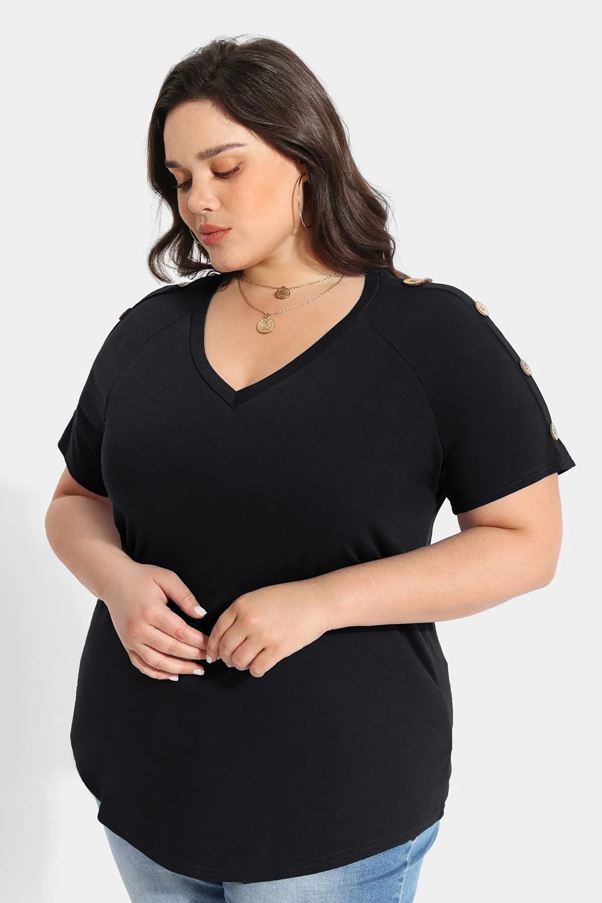 Ritera Plain V-neck Button Detail Short Sleeve T-Shirt