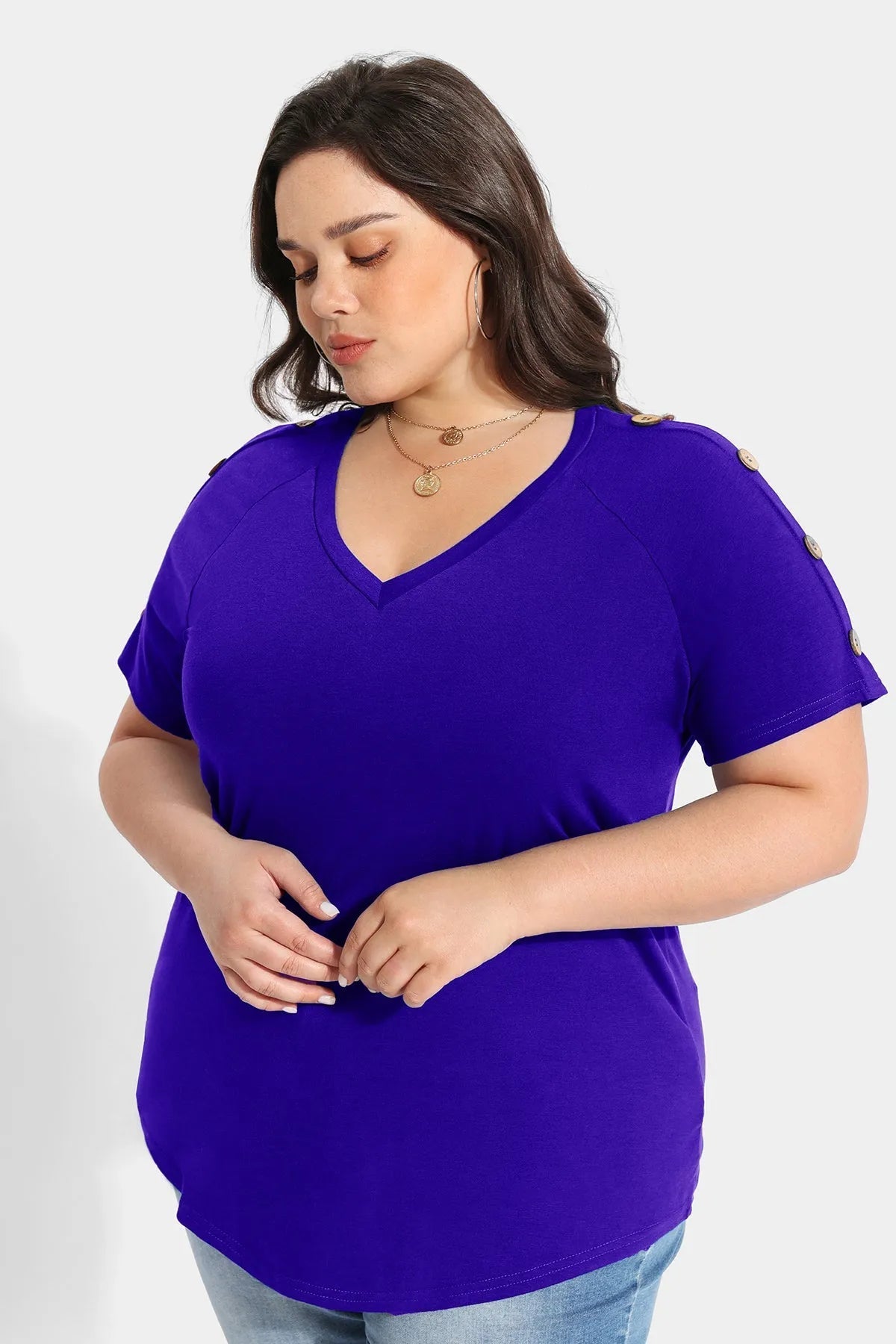 Ritera Plain V-neck Button Detail Short Sleeve T-Shirt