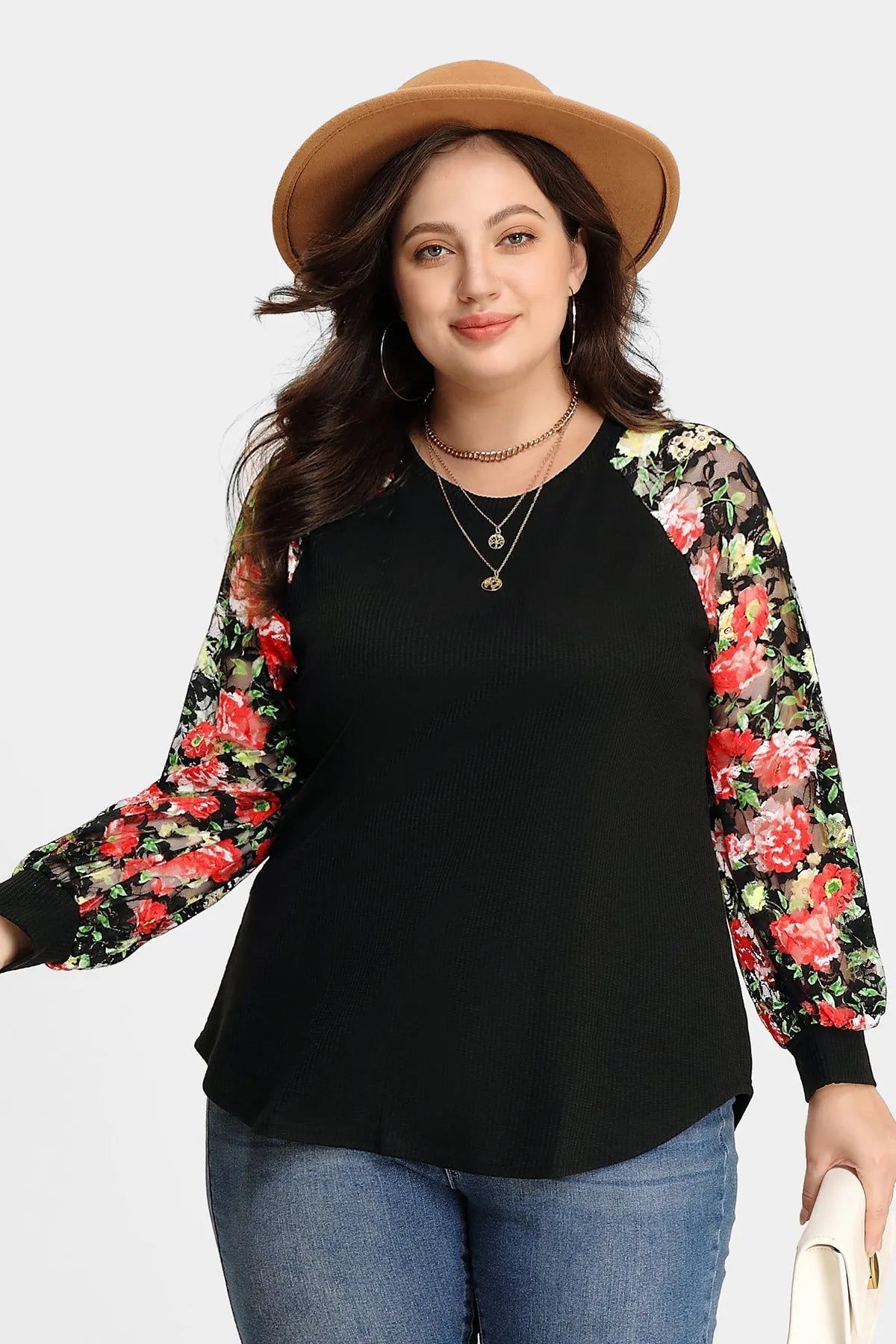 Ritera Raglan Stylish Lace Floral Long Sleeve T-Shirt