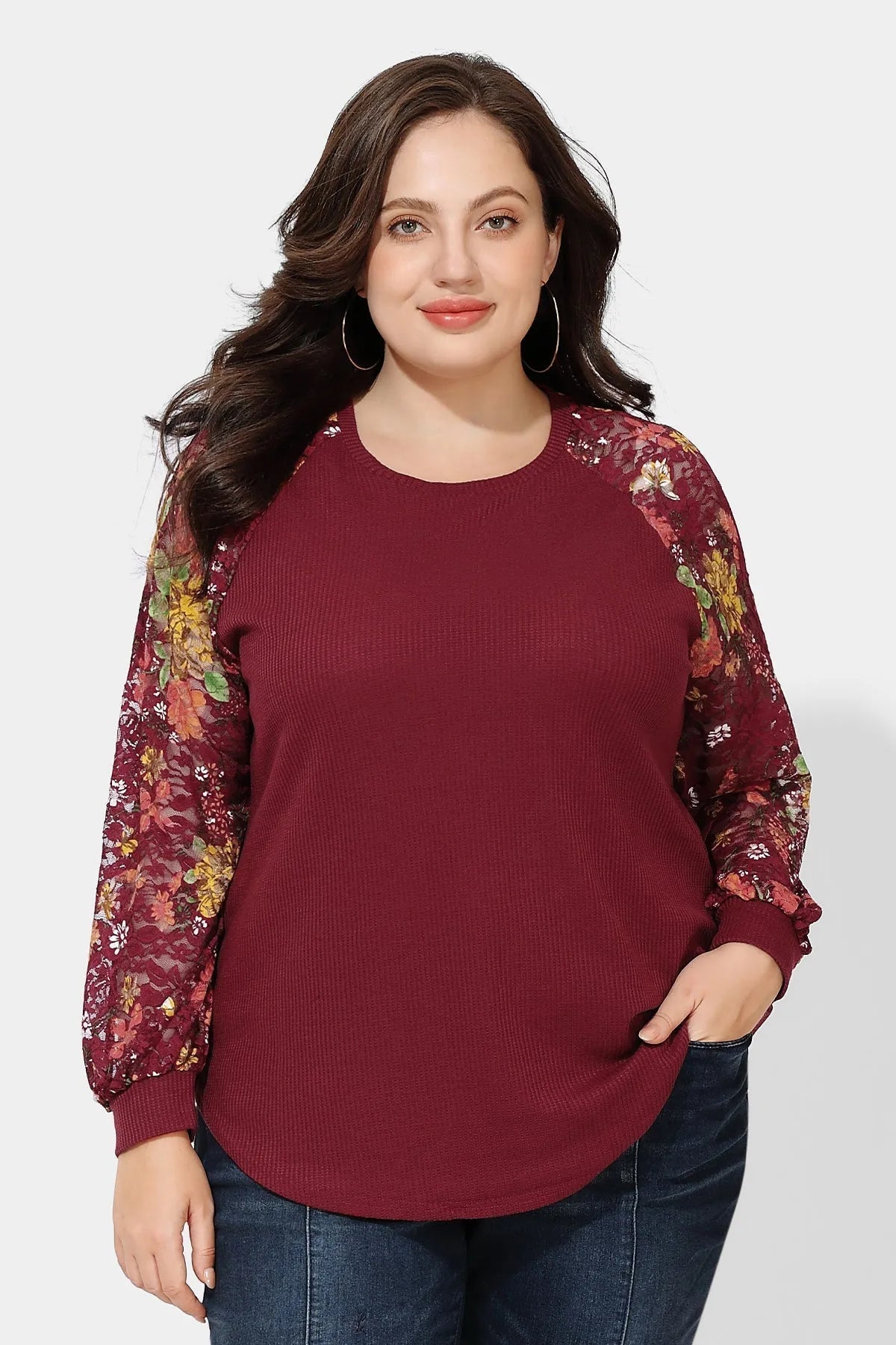 Ritera Raglan Stylish Lace Floral Long Sleeve T-Shirt
