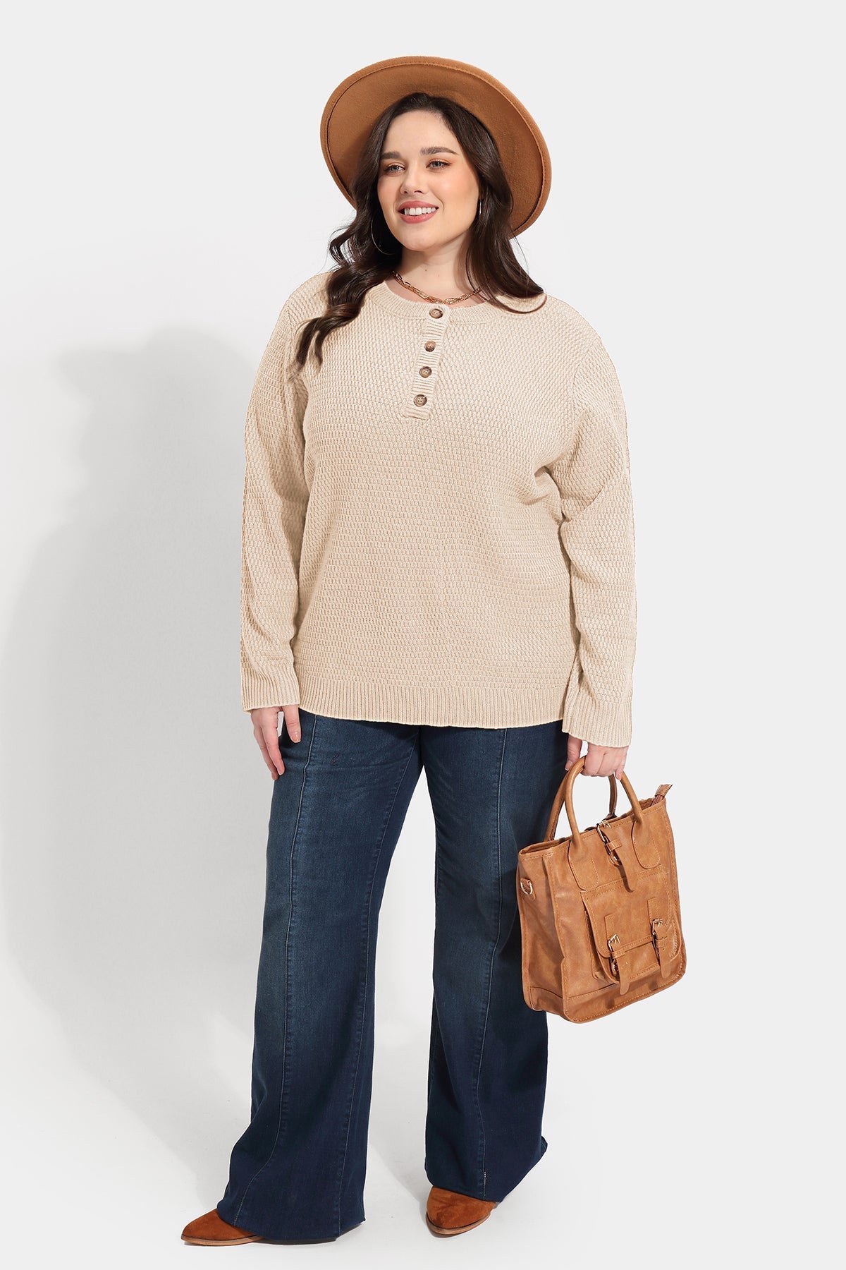 Solid Button Up Crewneck Cashmere Knitted Sweater