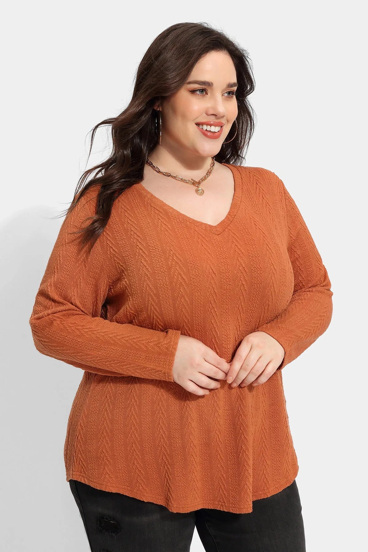 Essential V-neck Texture Long Sleeve T-Shirt