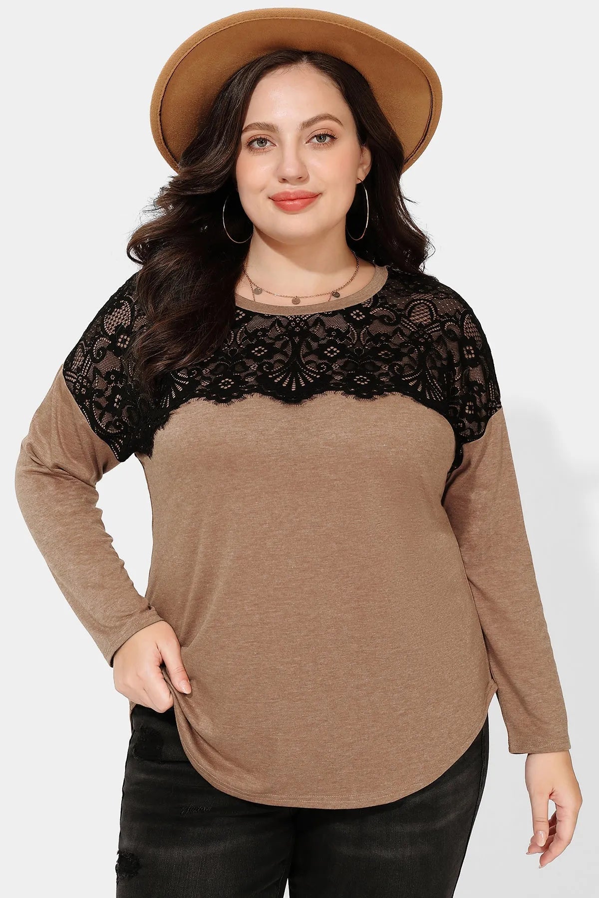 Black Lace Shoulder Crewneck Long Sleeve Shirt