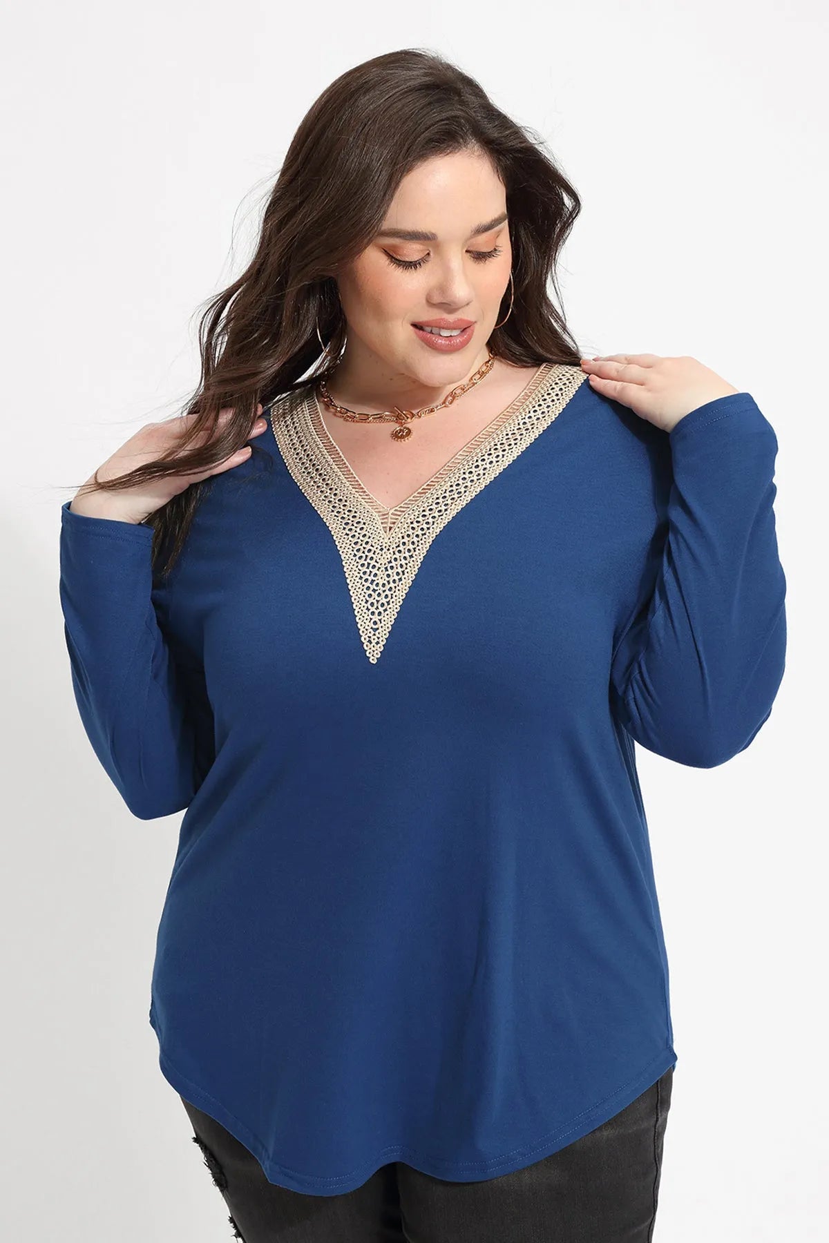 Solid Sexy Lace V-neck Long Sleeve T-Shirt