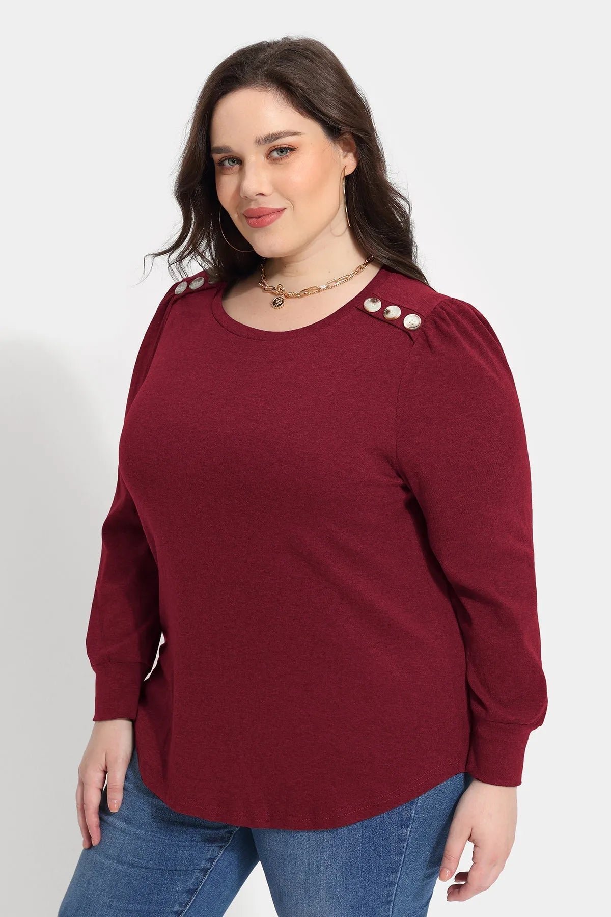 Solid Button Shoulder Detail Crewneck T-Shirt
