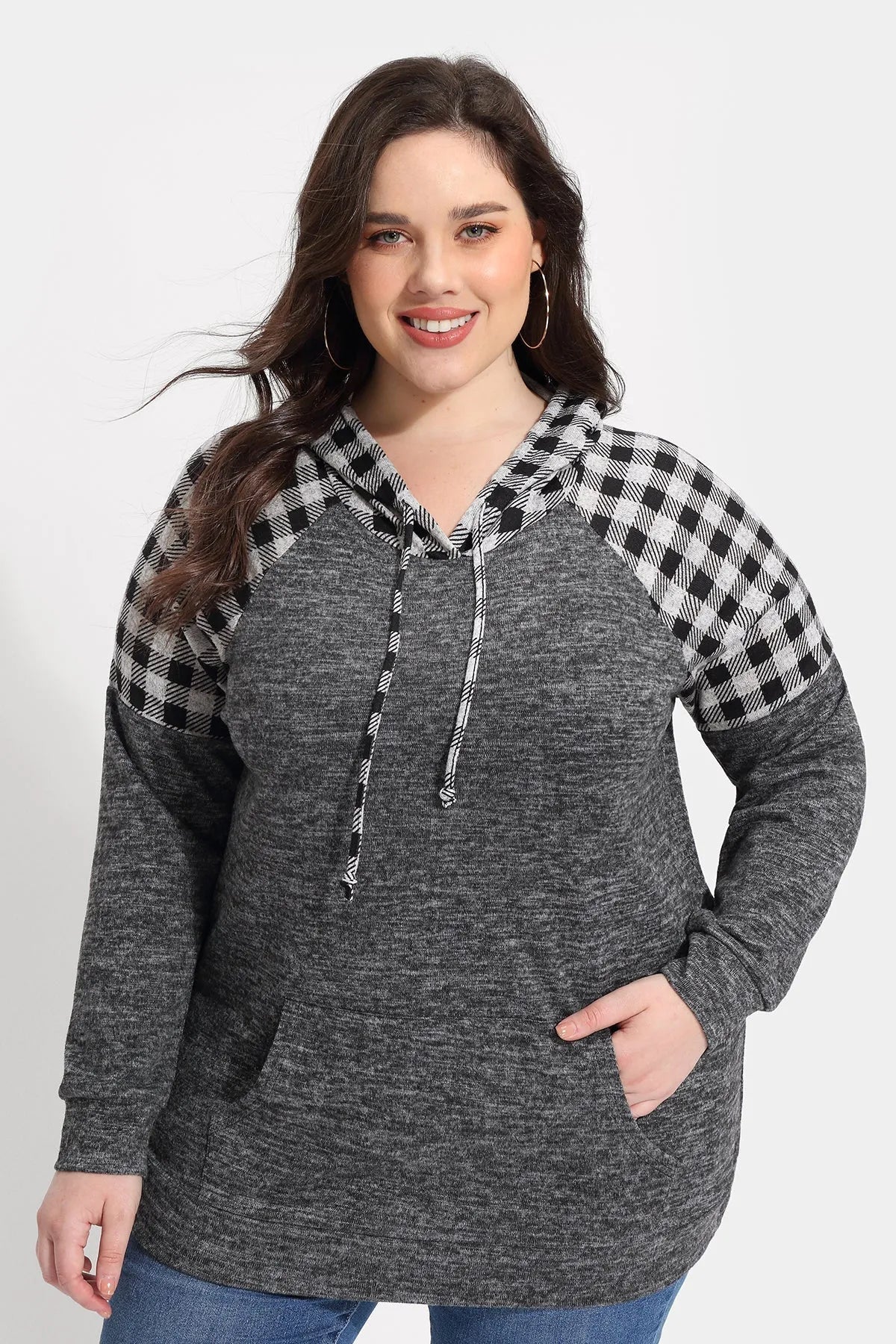 Raglan Plaid Drawstring French Velvet Hoodie