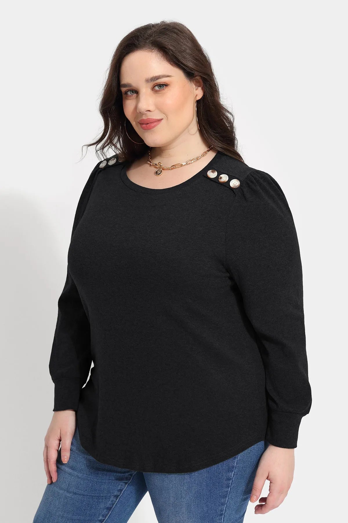 Solid Button Shoulder Detail Crewneck T-Shirt