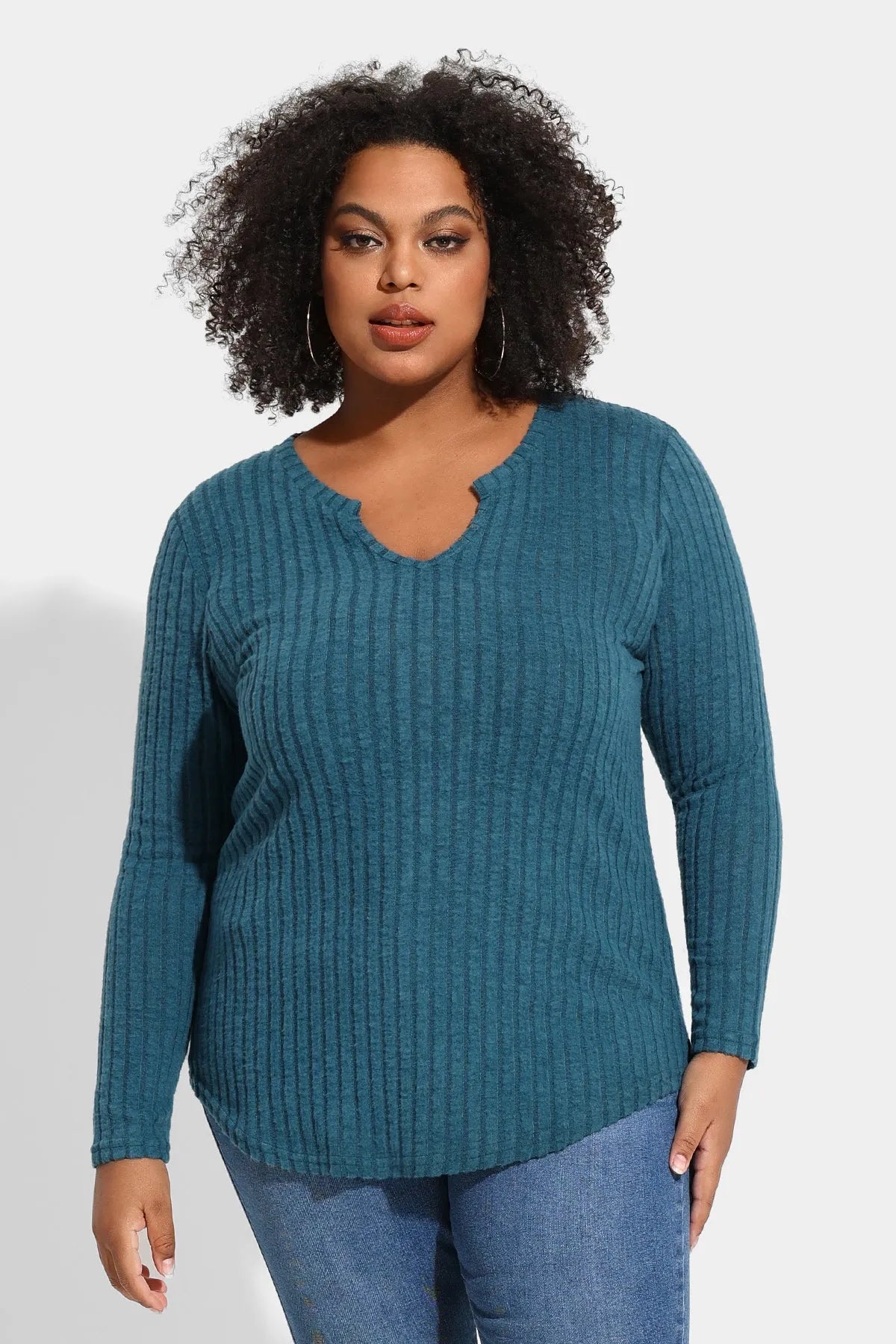 Ritera Texture Velvet Notched Neckline Basic Long Sleeve T-Shirt