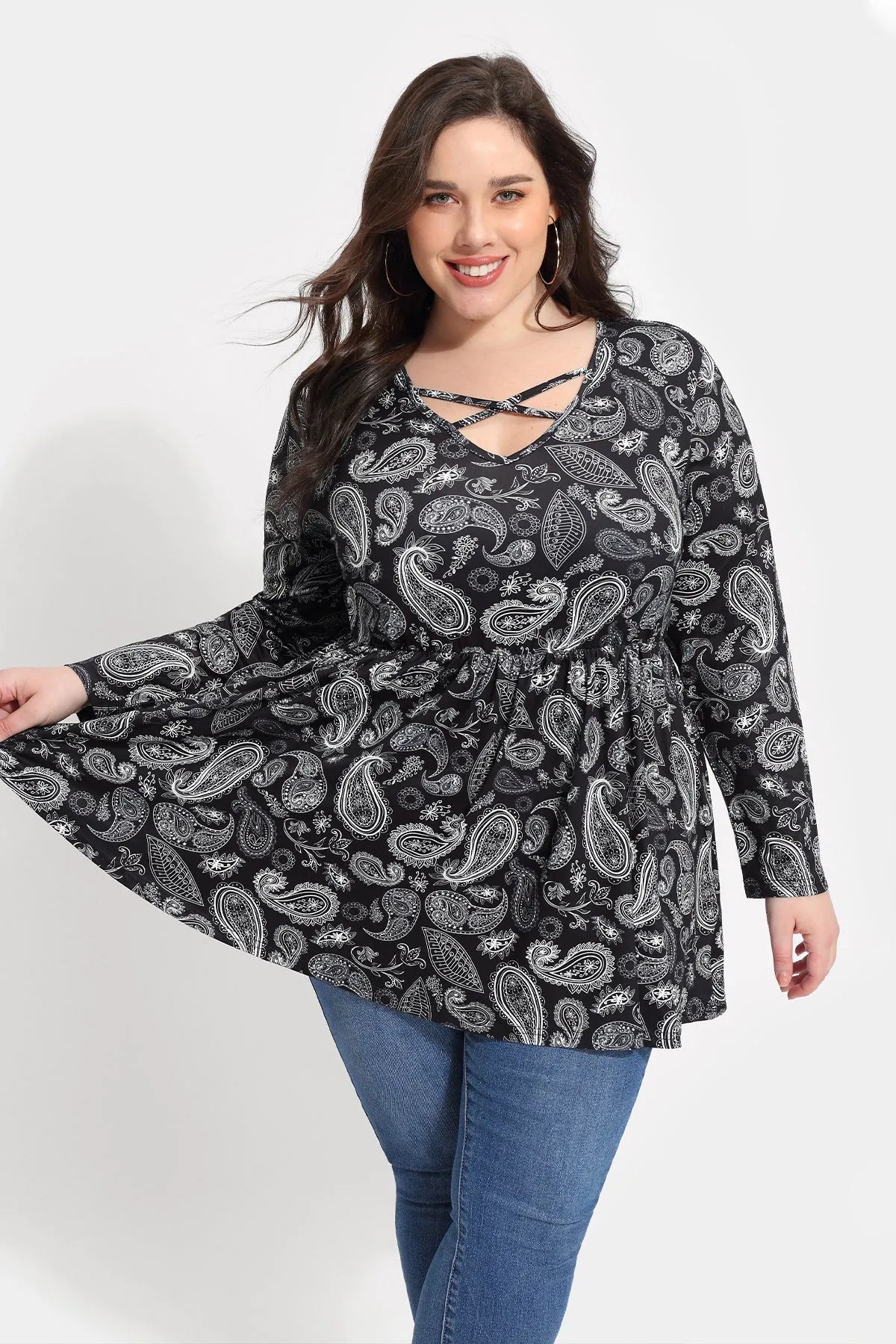 Floral Crisscross V-neck Pleated Tunic T-Shirt