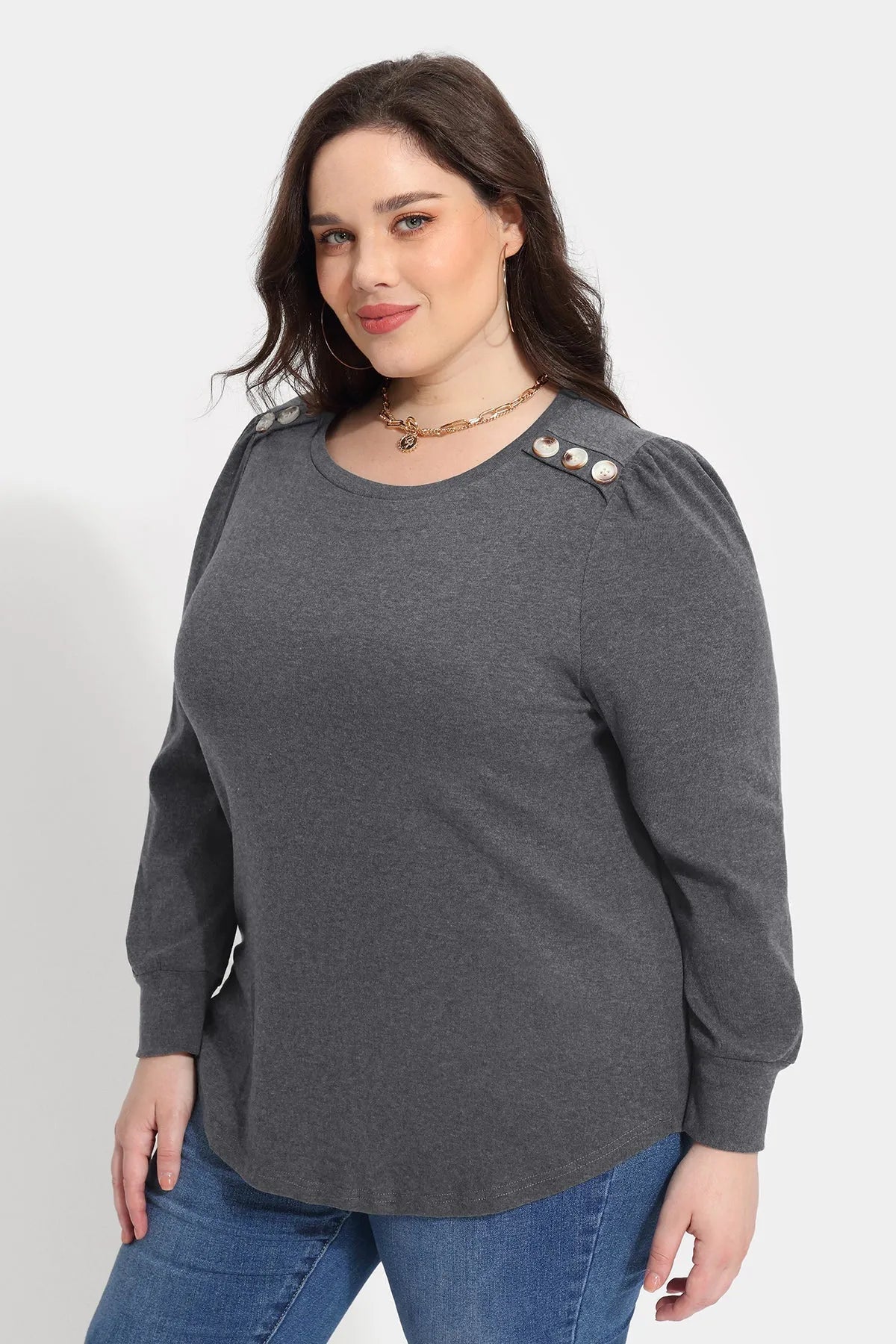 Solid Button Shoulder Detail Crewneck T-Shirt