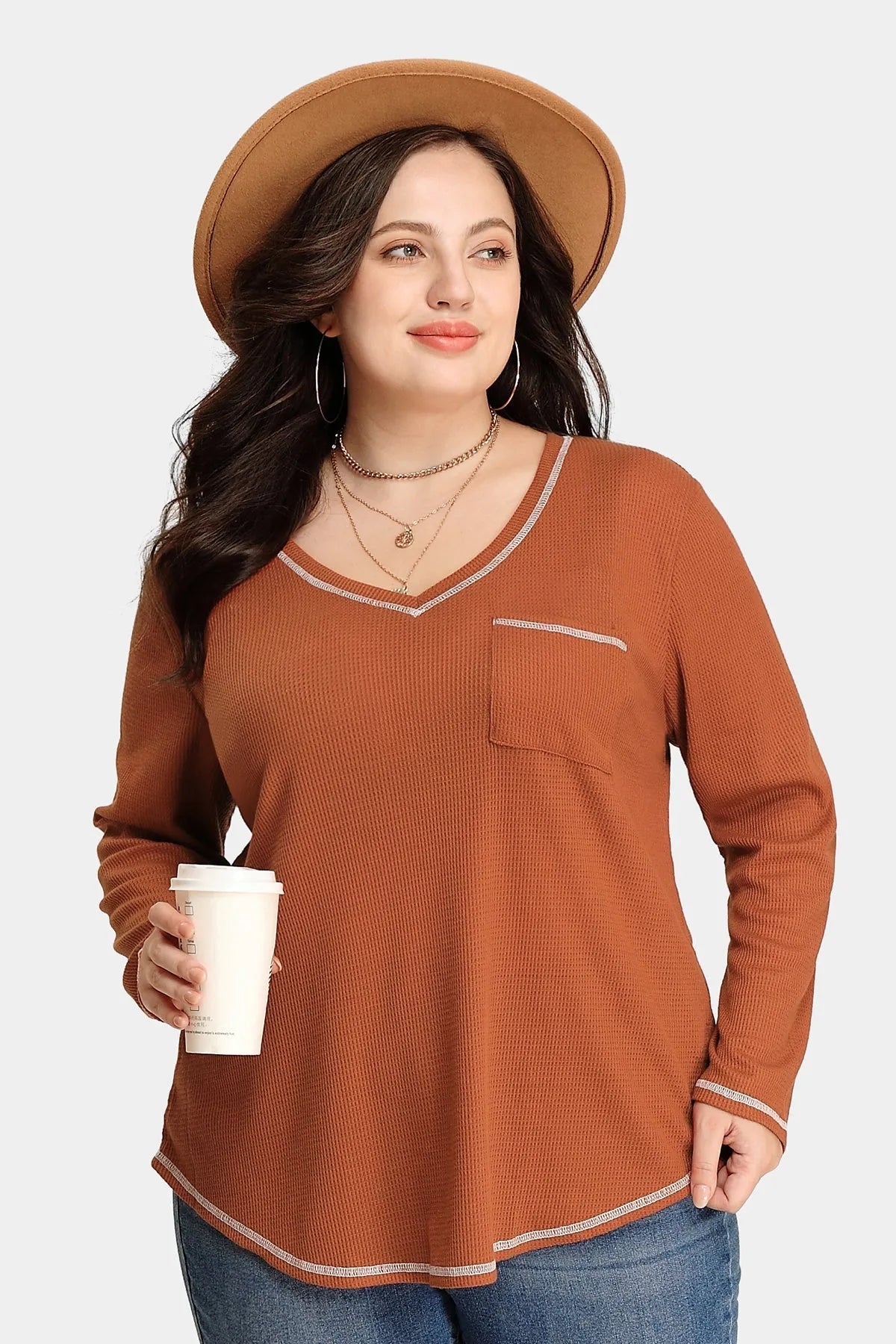 Texture Knitted V Neck Pocket Long Sleeve T-Shirt
