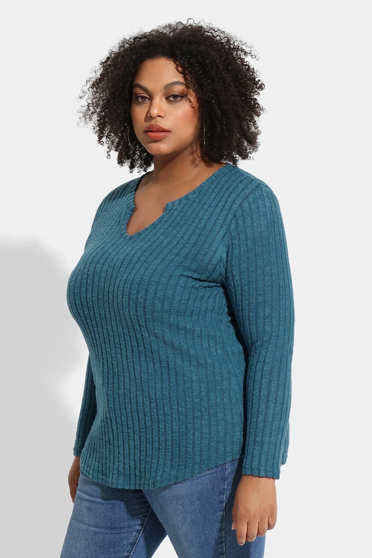 Ritera Texture Velvet Notched Neckline Basic Long Sleeve T-Shirt