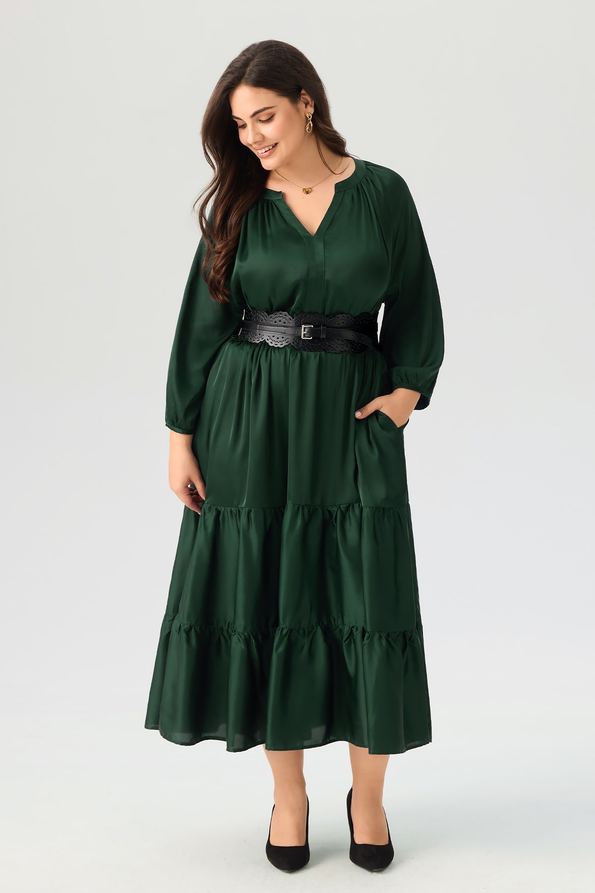 Satin Notch Neck Pocket Tiered Maxi Dress