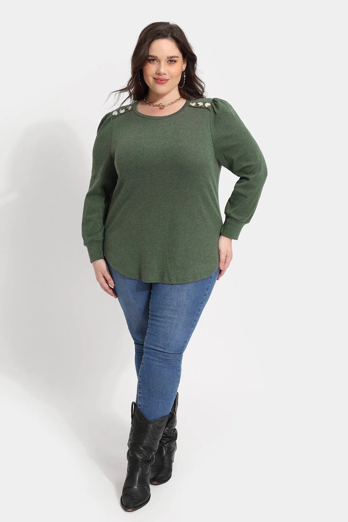 Solid Button Shoulder Detail Crewneck T-Shirt