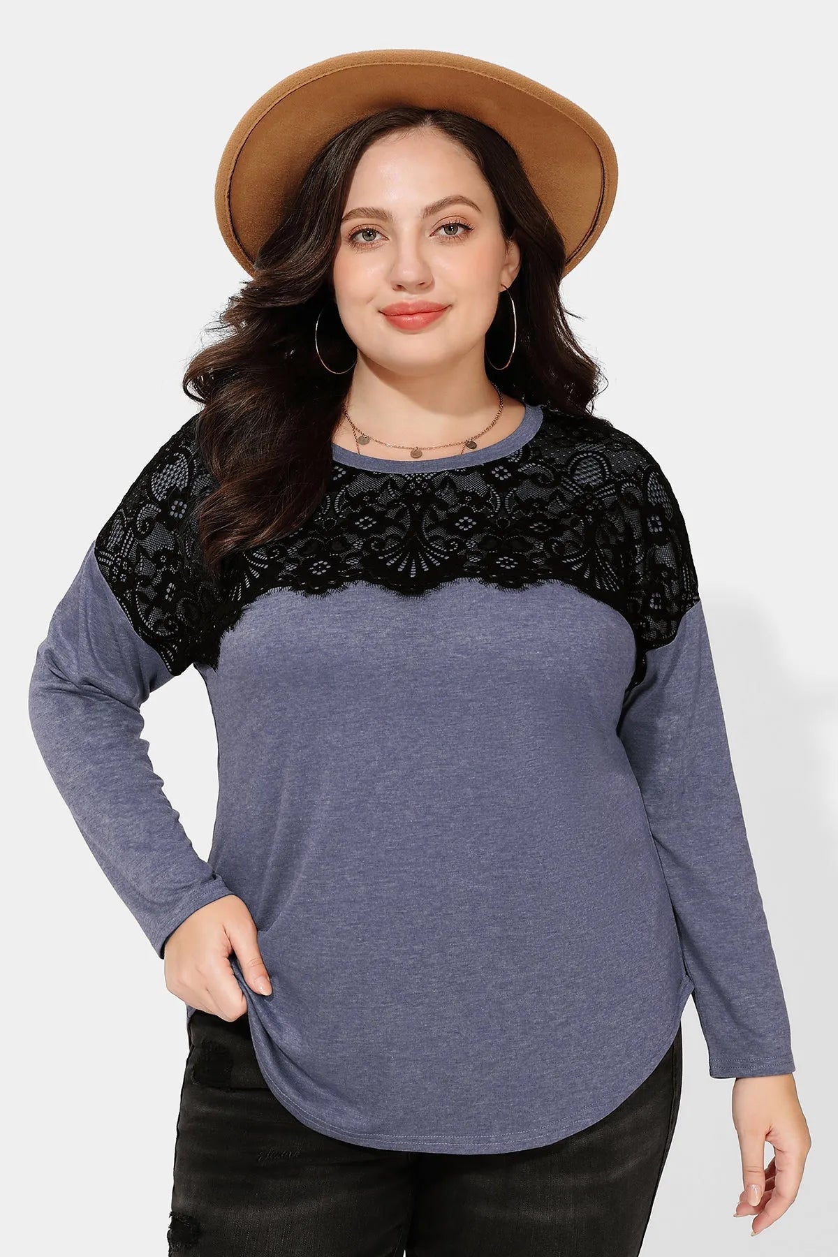 Black Lace Shoulder Crewneck Long Sleeve Shirt