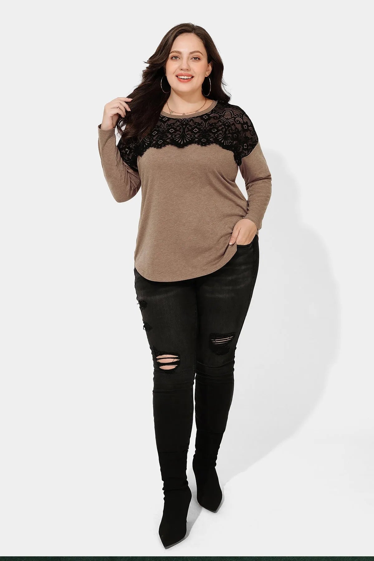 Black Lace Shoulder Crewneck Long Sleeve Shirt