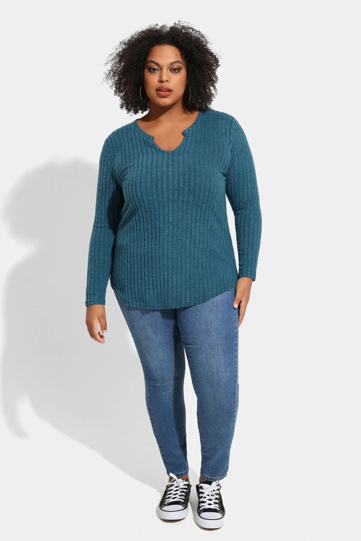 Ritera Texture Velvet Notched Neckline Basic Long Sleeve T-Shirt