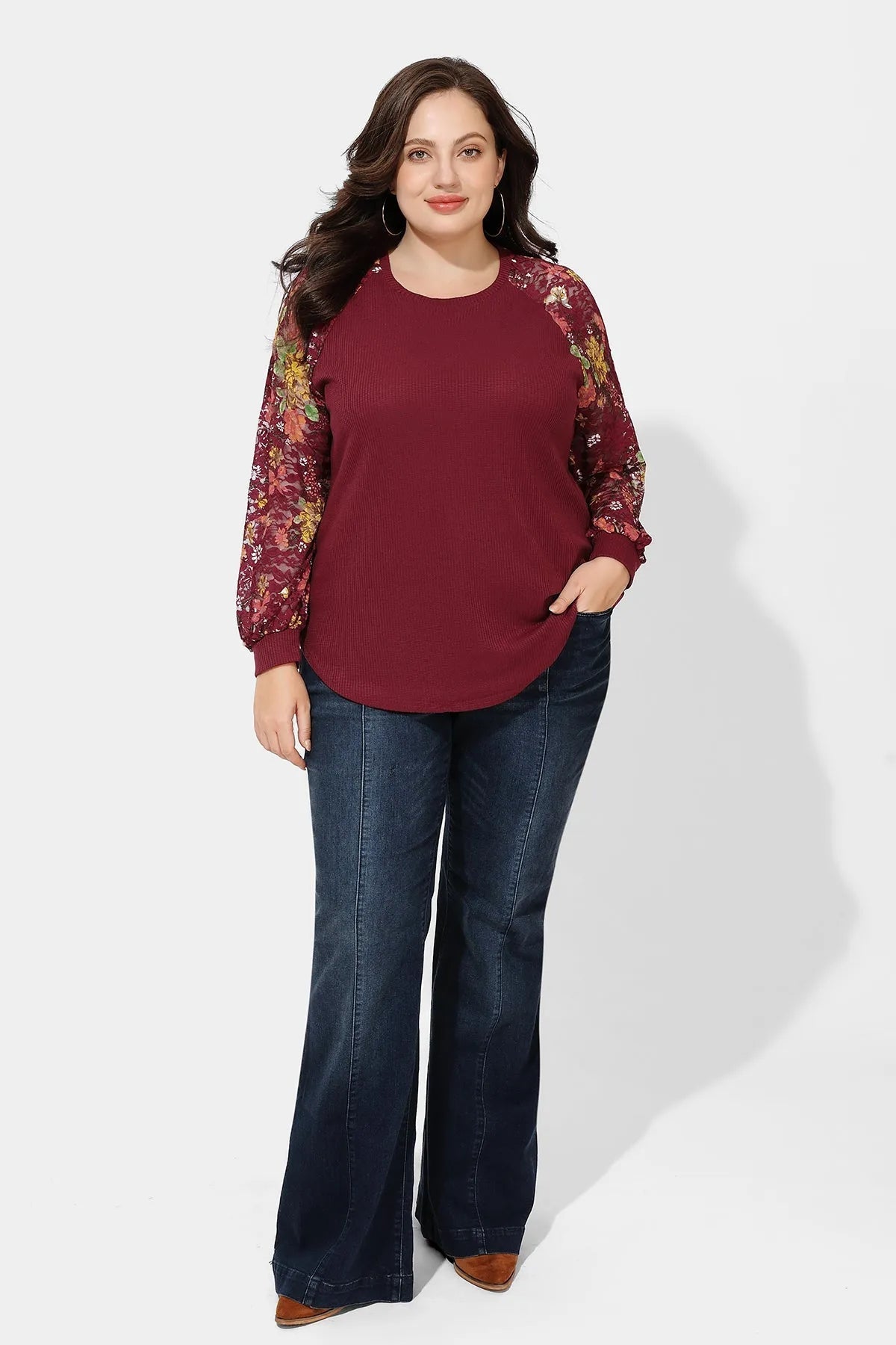 Ritera Raglan Stylish Lace Floral Long Sleeve T-Shirt