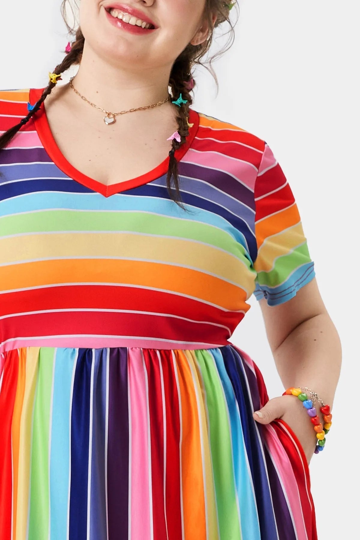 Pocket Rainbow Striped V Neck Midi Dress